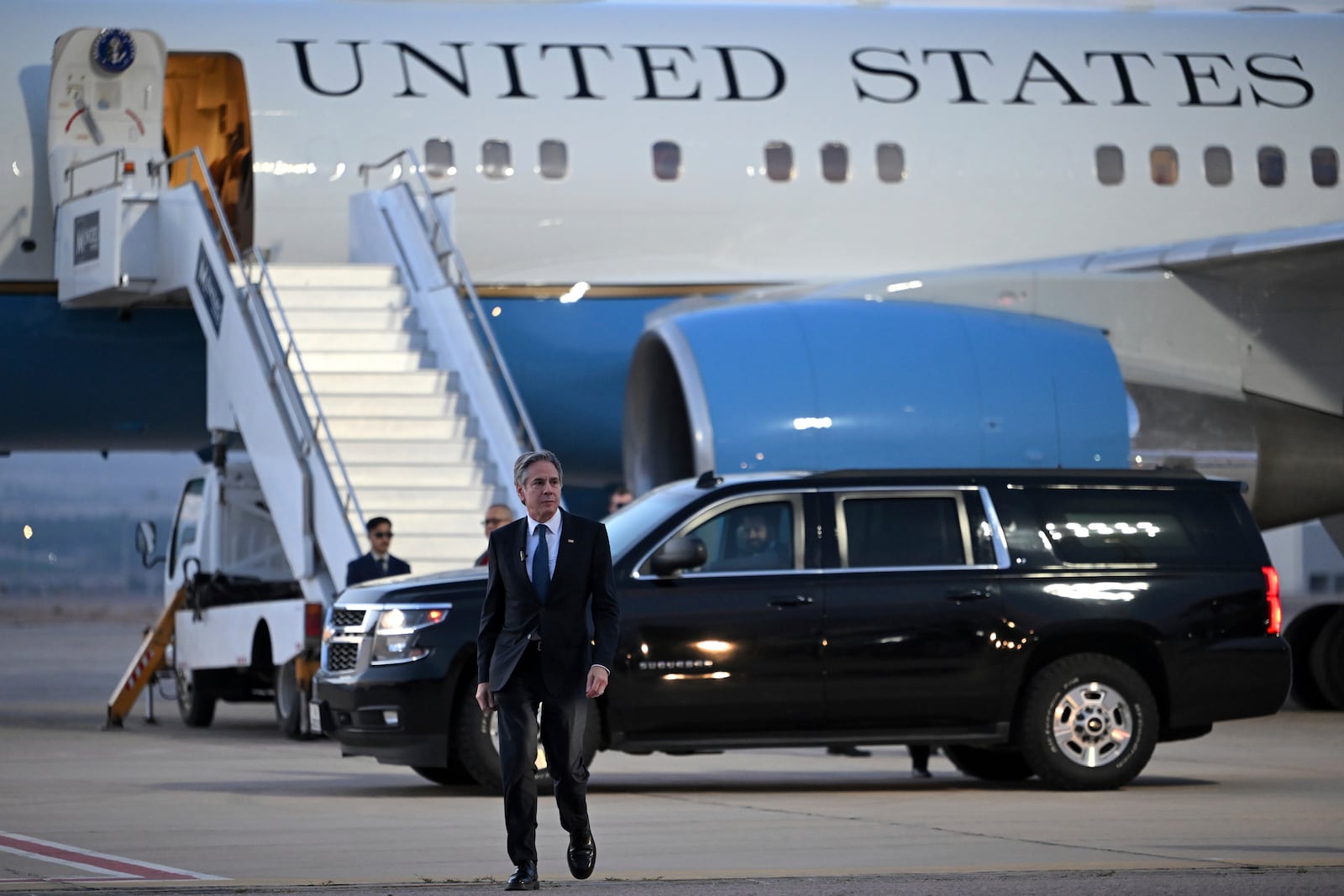 US Secretary of State Antony Blinken walks on the tarmac before his departure from King Hussein International Airport in Jordan's southern Red Sea coastal city of Aqaba, Jordan, Thursday, Dec. 12, 2024. (Andrew Caballero-Reynolds/Pool Photo via AP)