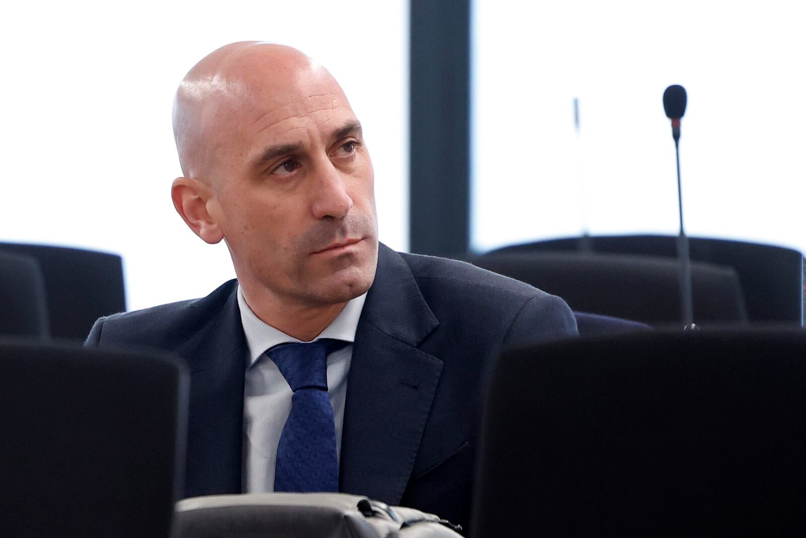 The former president of Spain's soccer federation Luis Rubiales sits in a courtroom on the outskirts of Madrid, Monday Feb. 3, 2025 where he goes on trial for his unsolicited kiss on forward Jenni Hermoso. (Chema Moya, Pool photo via AP)