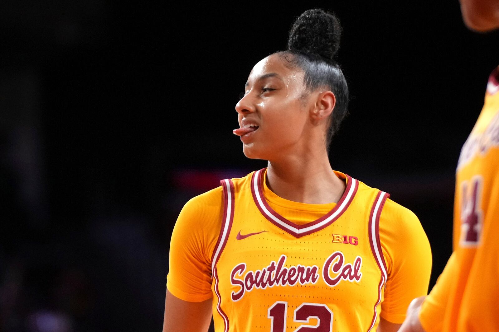 Southern California guard JuJu Watkins sticks her tongue out after making a free-throw during the second half of an NCAA college basketball game against Santa Clara, Friday, Nov. 15, 2024, in Los Angeles. (AP Photo/Mark J. Terrill)