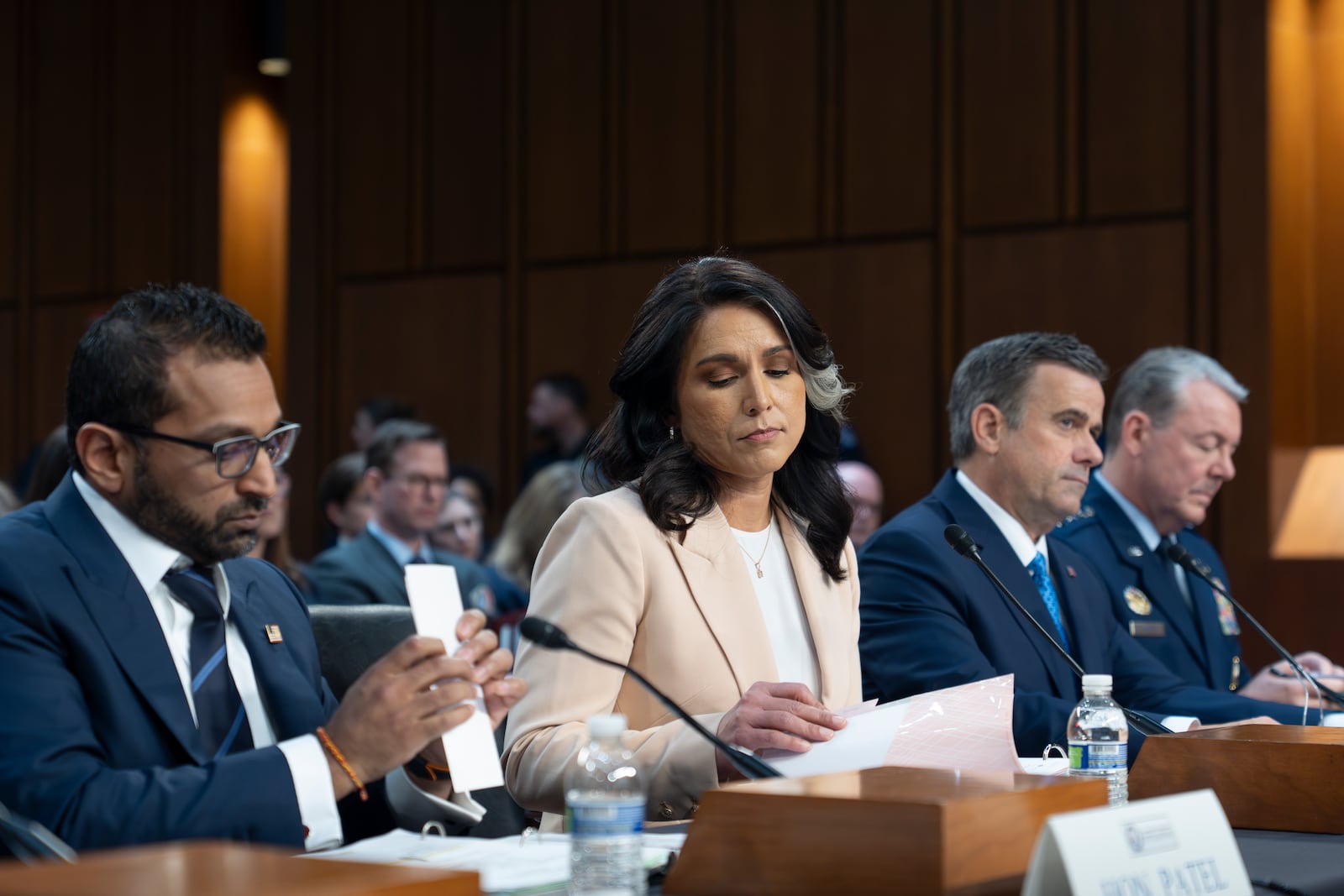 From left, FBI Director Kash Patel, Director of National Intelligence Tulsi Gabbard, CIA Director John Ratcliffe, and Defense Intelligence Agency Director Jeffrey Kruse, appear before the Senate Intelligence Committee for a hearing on worldwide threats, on Capitol Hill in Washington, Tuesday, March 25, 2025. (AP Photo/J. Scott Applewhite)