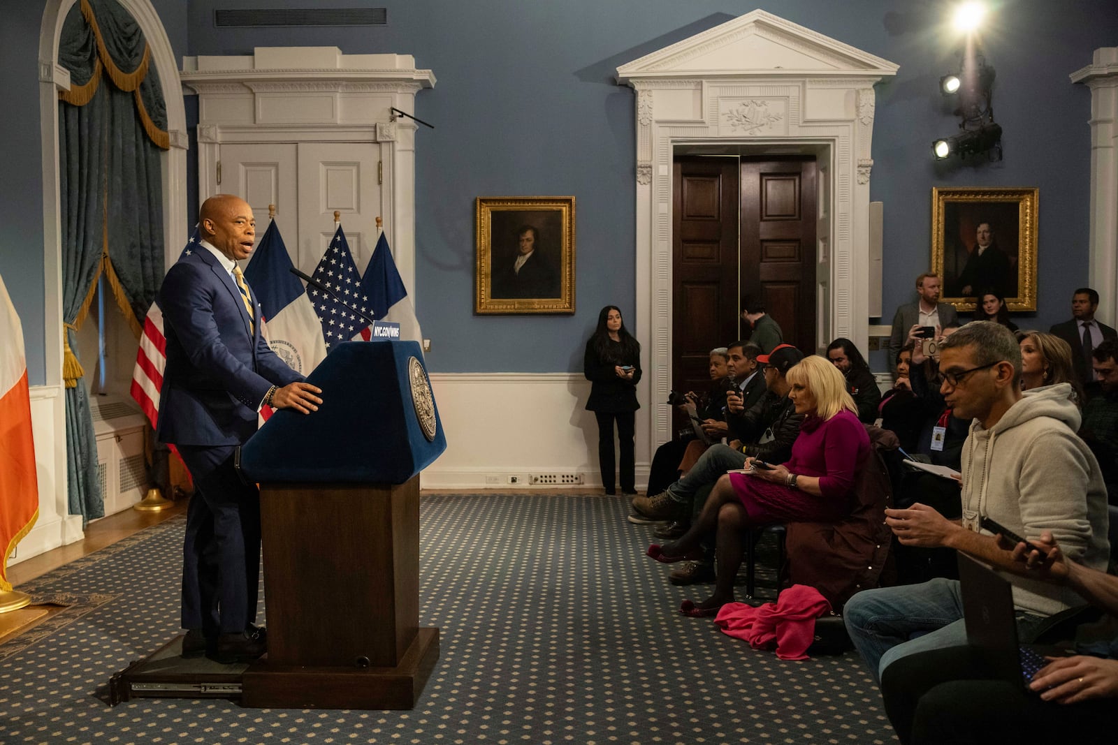 New York City Mayor Eric Adams speaks during a press conference at City Hall following meeting with the incoming border czar Tom Homan, Thursday, Dec. 12, 2024, in New York. (AP Photo/Yuki Iwamura)