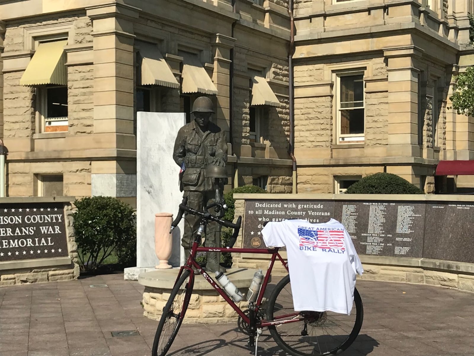 With the novel coronavirus, COVID-19, there cannot be a Great American Bike Rally this year, so co-organizer Dean Bruewer embarked earlier this month on a 300-plus-mile fundraiser to help fill the void. Pictured is Bruewer's bike on Sept. 8, 2020, in London, Ohio. PROVIDED