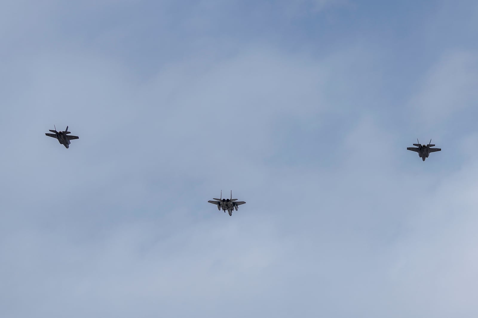 Israeli fighter jets fly over Beirut during the funeral procession of Lebanon's former Hezbollah leaders, Hassan Nasrallah and his cousin and successor, Hashem Safieddine, Beirut, Lebanon, Sunday, Feb. 23, 2025. (AP Photo/Bilal Hussein)