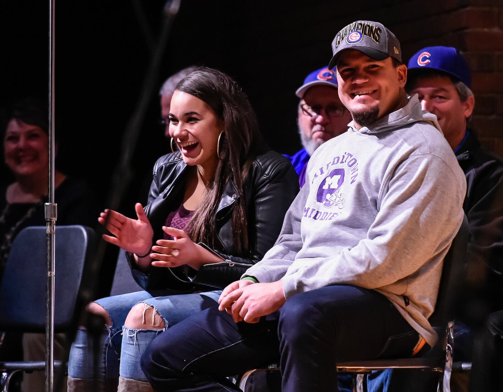 Middletown City Schools welcomed back World Series Champion and 2011 graduate Kyle Schwarber, sitting with his girlfriend Paige Hartman, also a 2011 Middletown grad, during a pep rally in his honor Tuesday, Nov. 22, at Middletown High School. NICK GRAHAM/STAFF