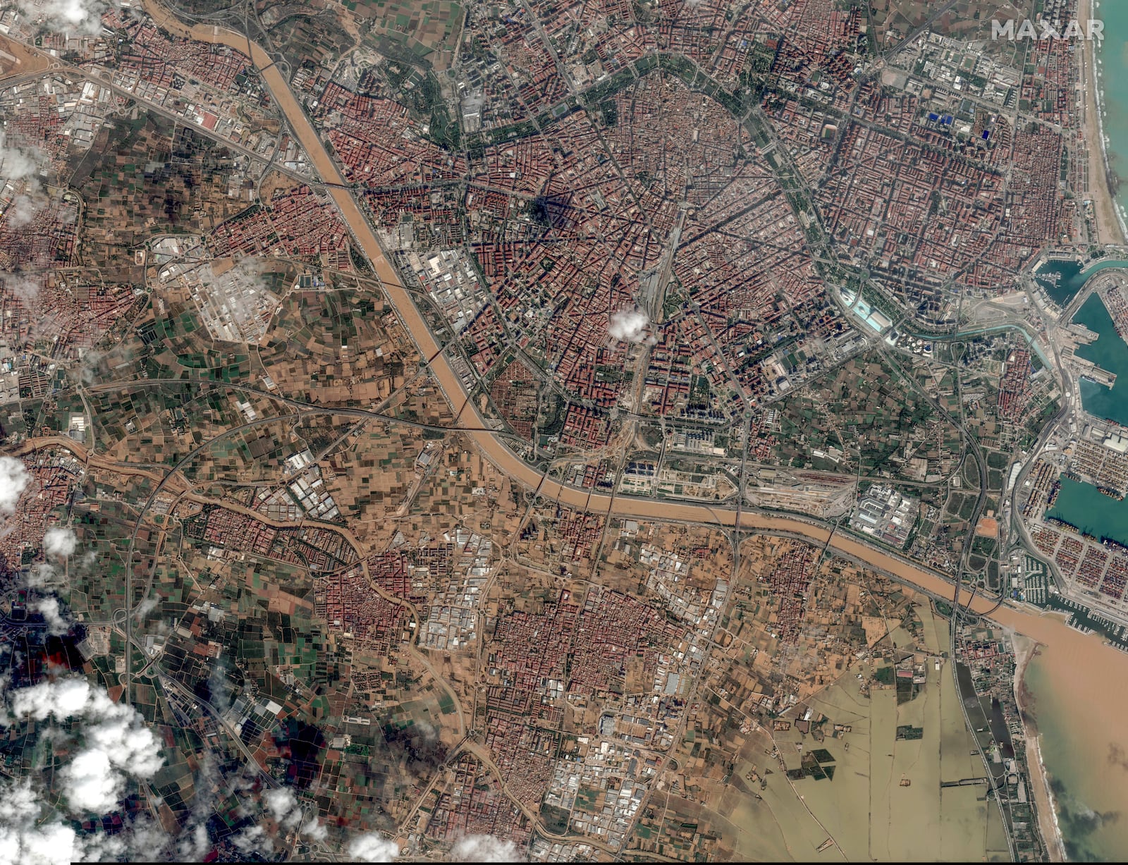 This satellite image released by Maxar Technologies shows mud caused by floods across Valencia, Spain, Thursday Oct. 31, 2024. (Satellite image ©2024 Maxar Technologies via AP)