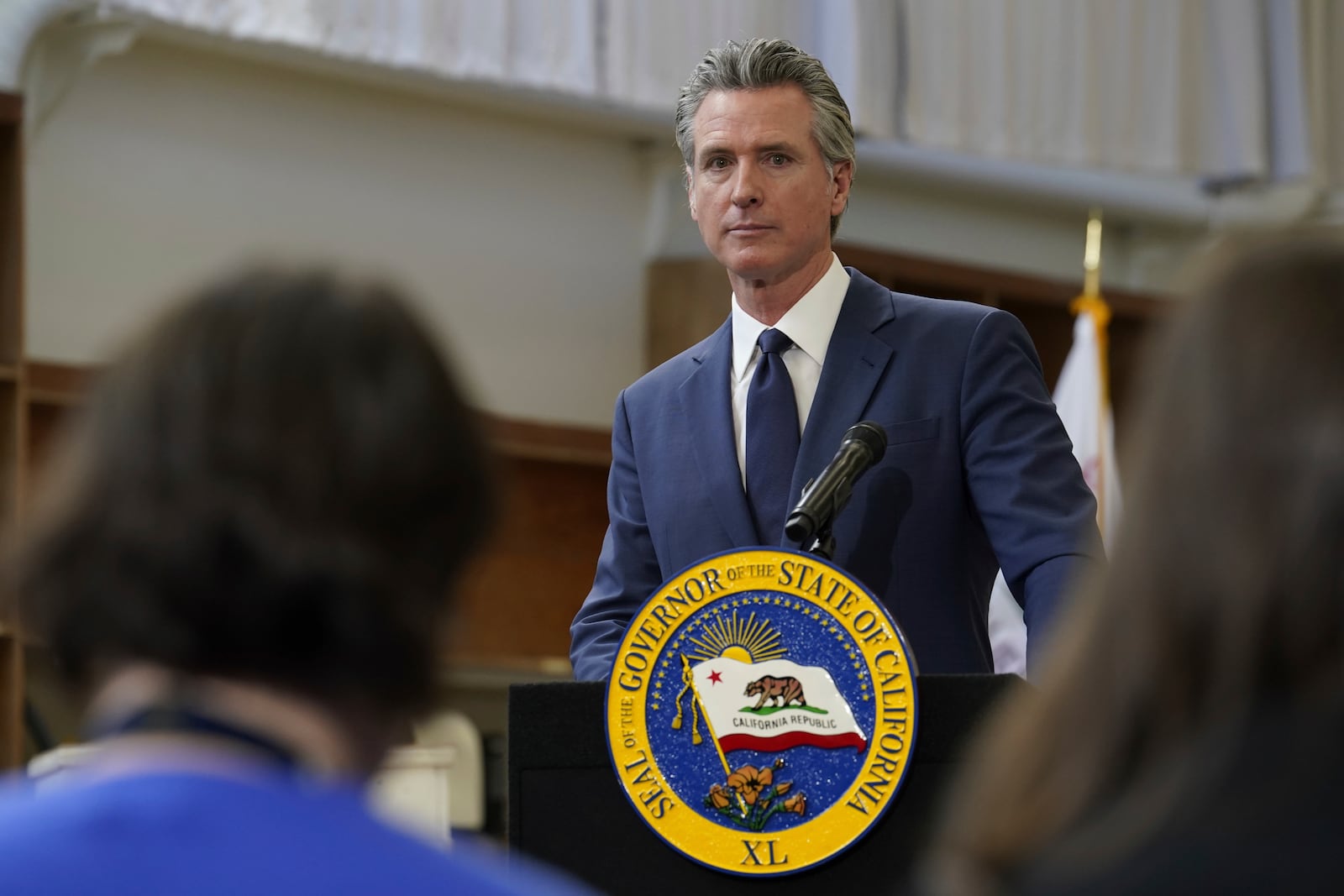 California Gov. Gavin Newsom listens to a reporter's question as he outlines his proposed 2025-2 $322 billion state budget during a news conference at California State University, Stanislaus in Turlock, Calif., Monday, Jan. 6, 2025. (AP Photo/Rich Pedroncelli)