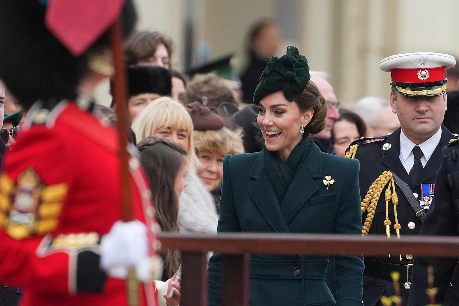 Britain's Kate, the Princess of Wales, arrives to join the Irish Guards, their veterans, families, serving soldiers, reservists, and young cadets from Northern Ireland, at a special St Patrick's Day parade and celebration at Wellington Barracks in London, Monday, March 17, 2025.(AP Photo/Kirsty Wigglesworth)