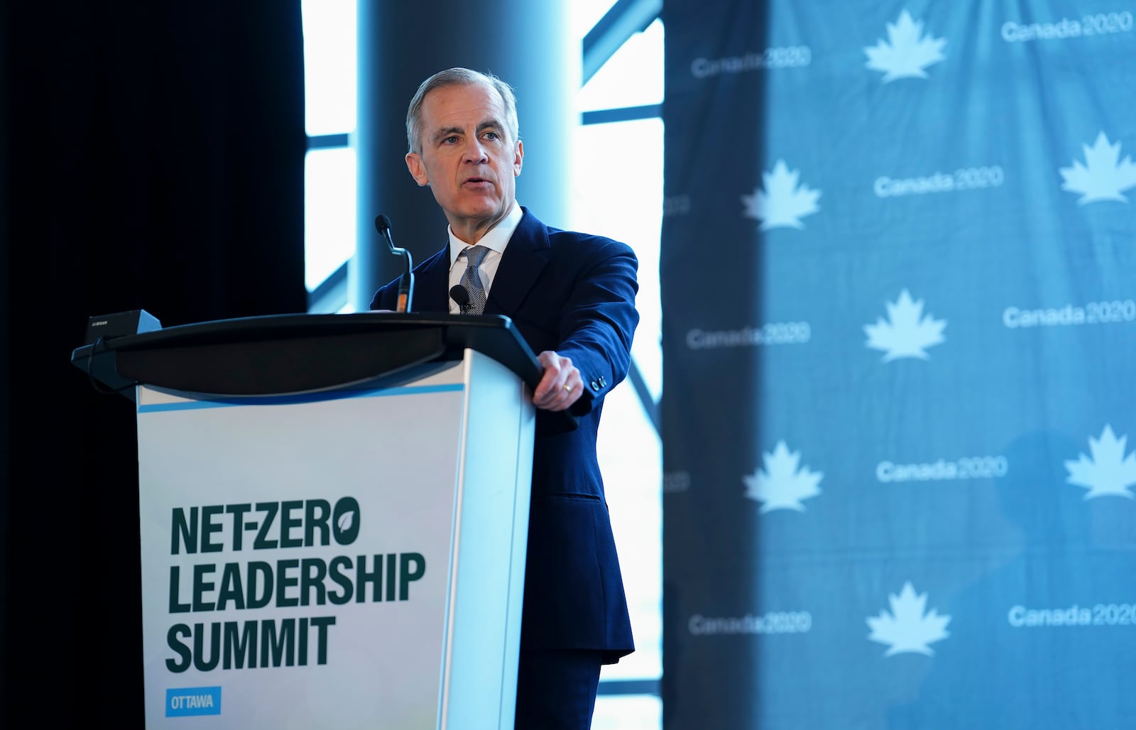 FILE - Canada 2020 Advisory Board Chair and former Governor of the Bank of Canada and Bank of England, Mark Carney, speaks during the Canada 2020 Net-Zero Leadership Summit in Ottawa, Ontario, Wednesday, April 19, 2023. (Sean Kilpatrick/The Canadian Press via AP, File)