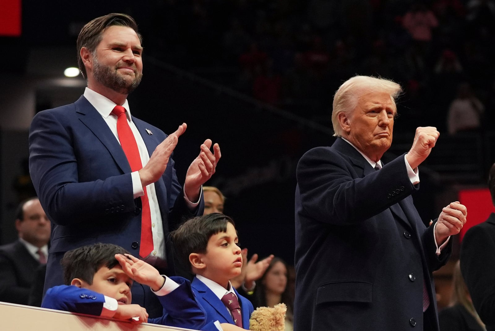 President Donald Trump and Vice President JD Vance attends an indoor Presidential Inauguration parade event at Capital One Arena, Monday, Jan. 20, 2025, in Washington. (AP Photo/Evan Vucci)