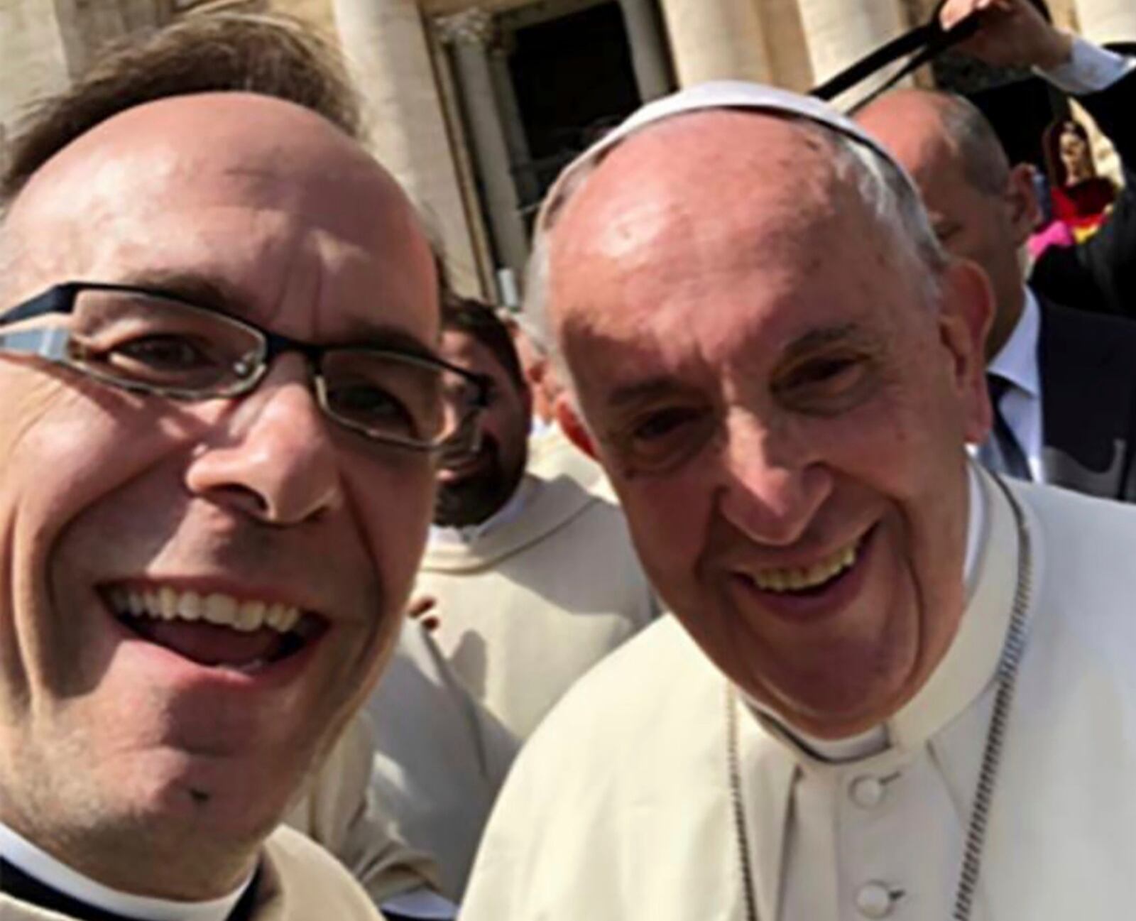 Pope Francis is pictured in a selfie photo with Rev. Jim Sichko at the Vatican on March 13, 2020. (Jim Sichko via AP)