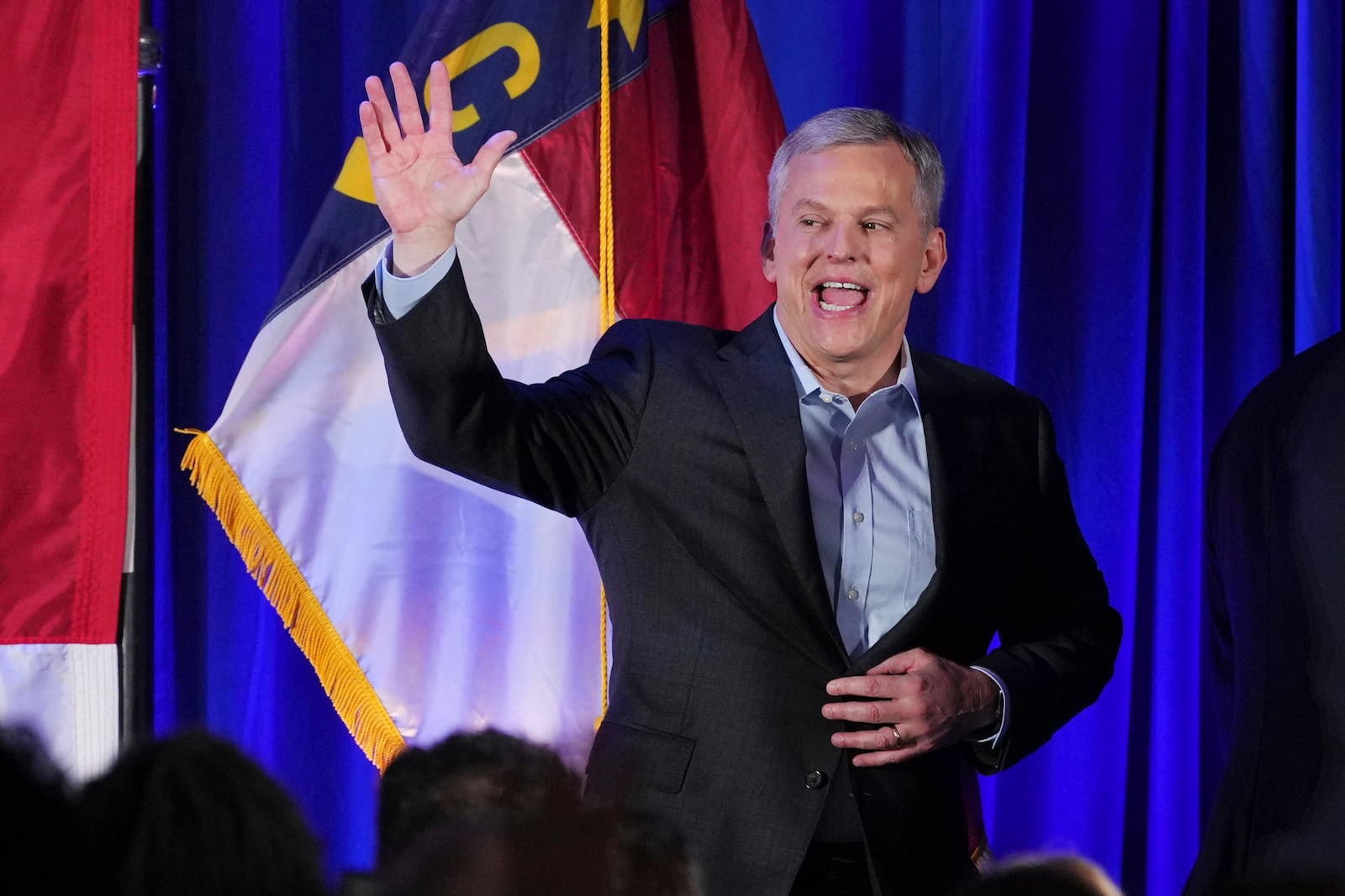 Democratic North Carolina gubernatorial candidate Attorney General Josh Stein waves to supporters after speaking during an election night watch party Tuesday, Nov. 5, 2024, in Raleigh, N.C. (AP Photo/Grant Halverson)