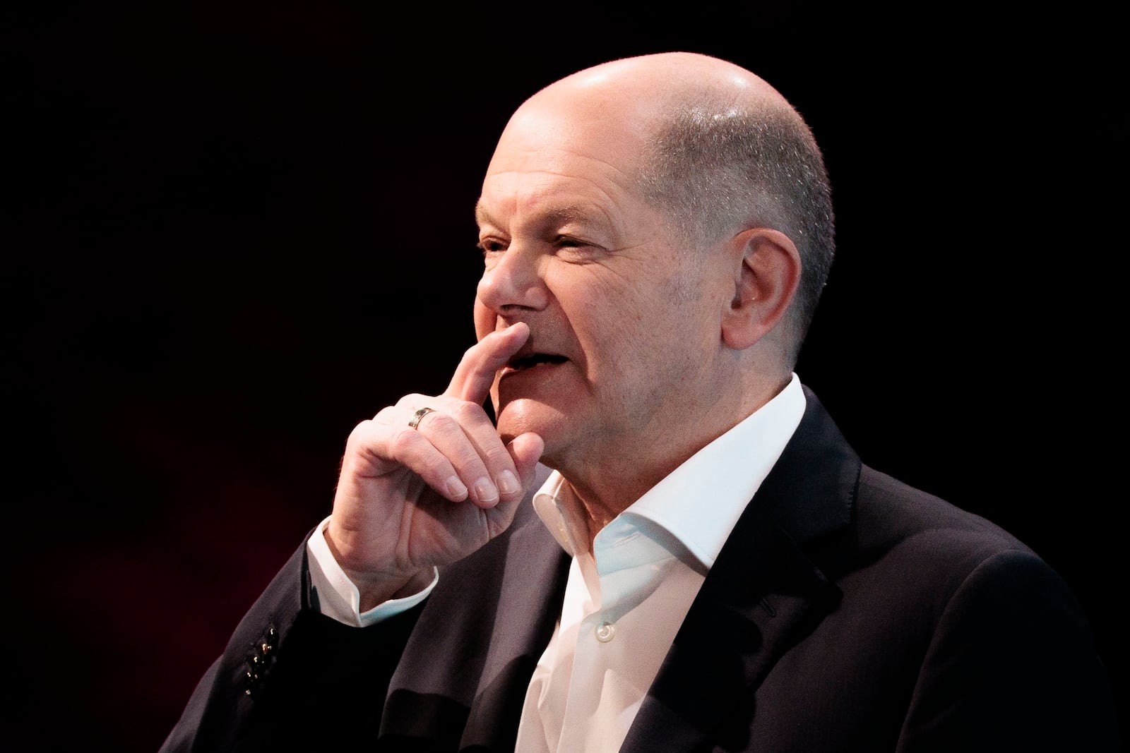 German Chancellor Olaf Scholz speaks to participants at the Deutsche Telekom AG forum, in Berlin, Thursday, Nov. 7, 2024. (Carsten Koall/dpa via AP)