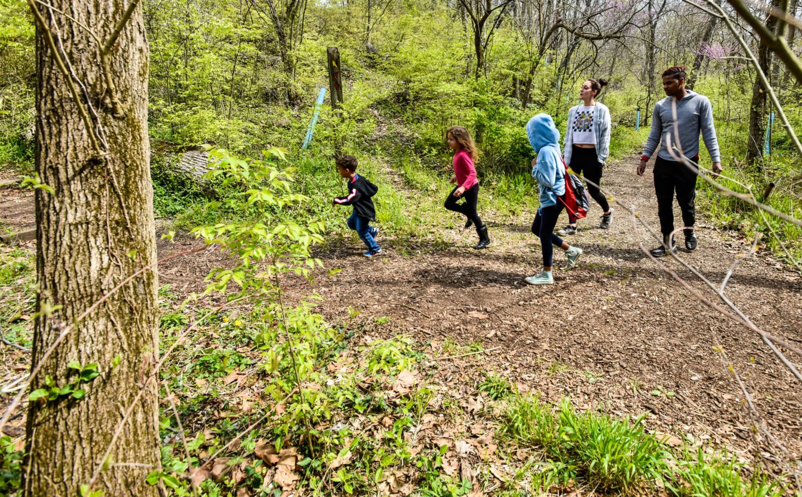 Left to right; Isaiah Jones, 3, Kyrea Jones, 6, Shay Johnson, 10, Kabrea Jones and Jalen Jones take a hike at Bulls Run Arboretum on Earth Day Wednesday, April 22, 2020 in Middletown. NICK GRAHAM / STAFF