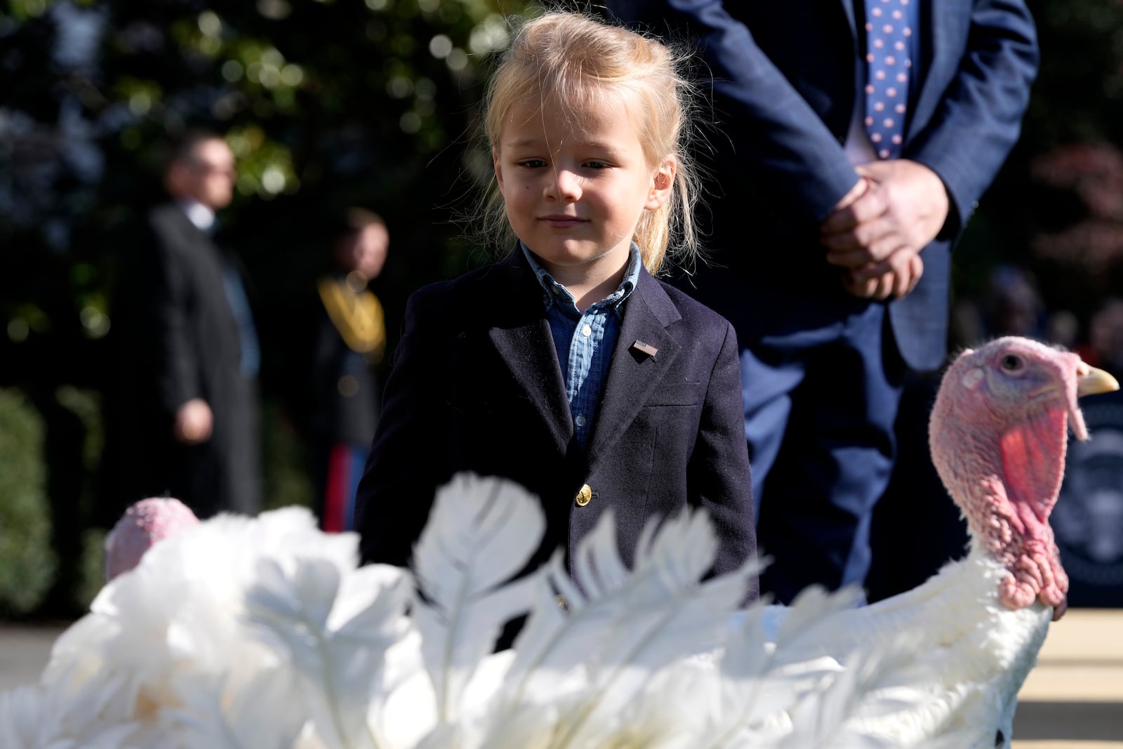 Beau Biden, grandson of President Joe Biden, is pictured with the national Thanksgiving turkeys, Peach and Blossom, after a pardoning ceremony on the South Lawn of the White House in Washington, Monday, Nov. 25, 2024. (AP Photo/Mark Schiefelbein)