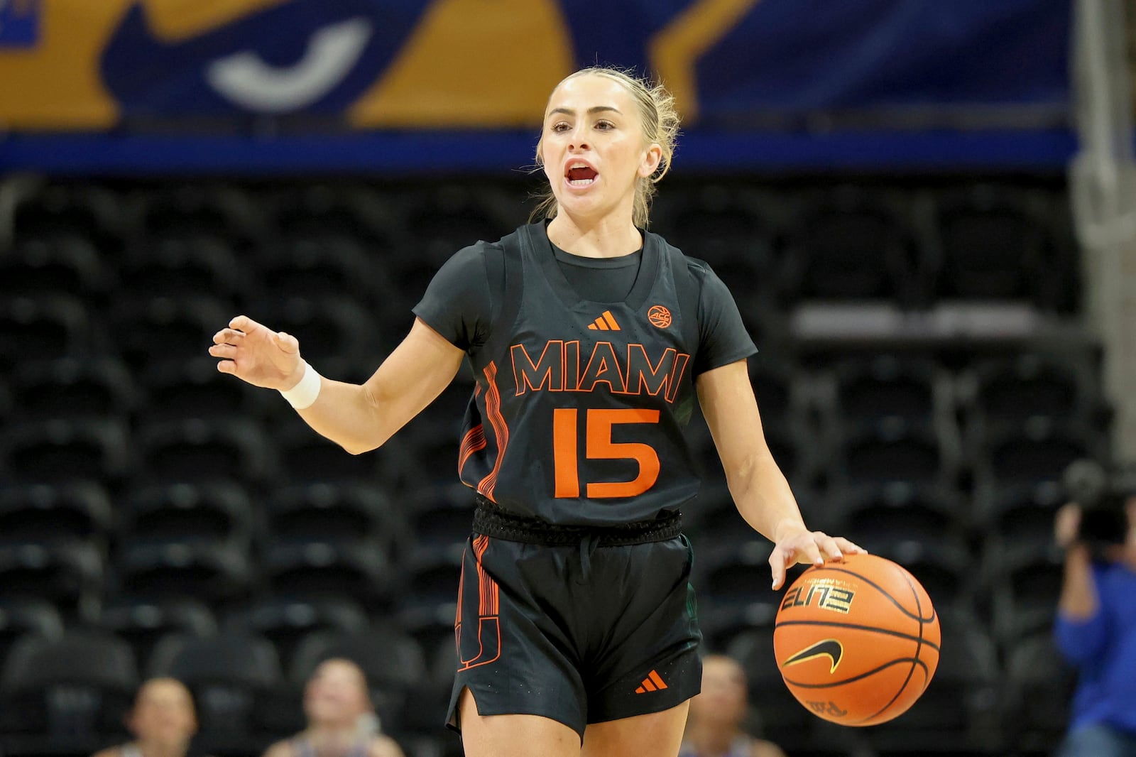 FILE - Miami's Hanna Cavinder (15) dribbles during an NCAA basketball game against Pittsburgh, Sunday, Dec. 15, 2024, in Pittsburgh. (AP Photo/Gregory Payan, File)