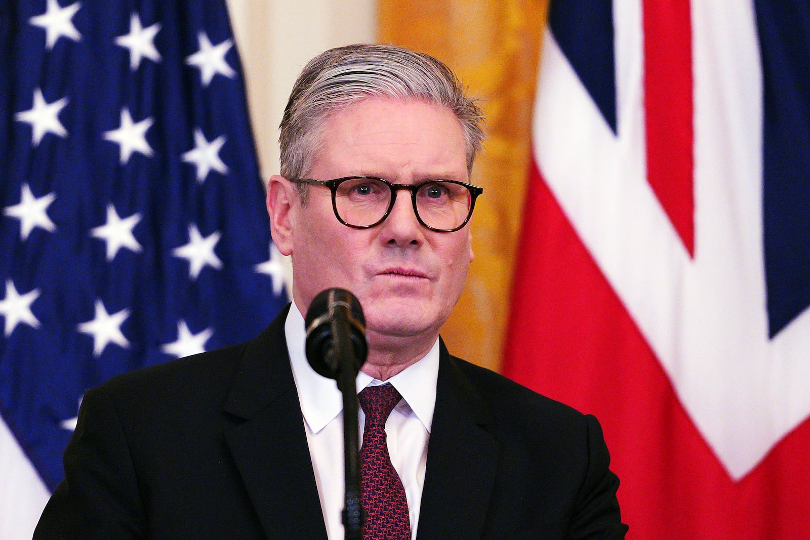 Britain's Prime Minister Keir Starmer speaks during a joint press conference with U.S. President Donald Trump in the East Room at the White House Thursday, Feb. 27, 2025, in Washington. (Carl Court/Pool Photo via AP)