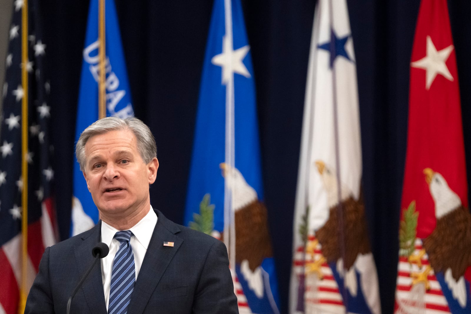 FBI Director Christopher Wray speaks during a farewell ceremony for Attorney General Merrick Garland at the Department of Justice, Thursday, Jan. 16, 2025, in Washington. (AP Photo/Mark Schiefelbein)