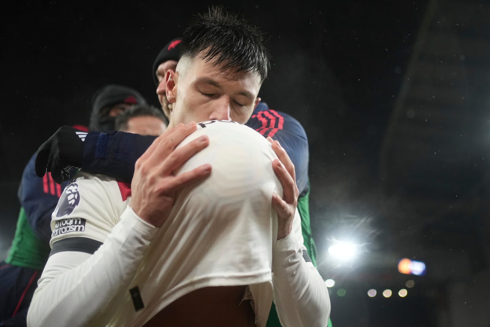 Manchester United's Lisandro Martinez celebrates after scoring the opening goal against Liverpool during the English Premier League soccer match at the Anfield stadium in Liverpool, England, Sunday, Jan. 5, 2025. (AP Photo/Jon Super)