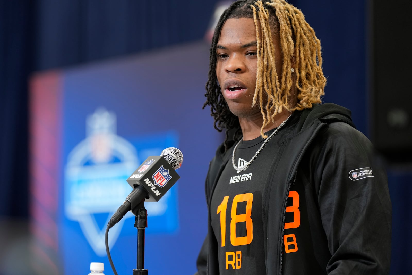 Ohio State running back Quinshon Judkins speaks during a press conference at the NFL football scouting combine Friday, Feb. 28, 2025, in Indianapolis. (AP Photo/George Walker IV)