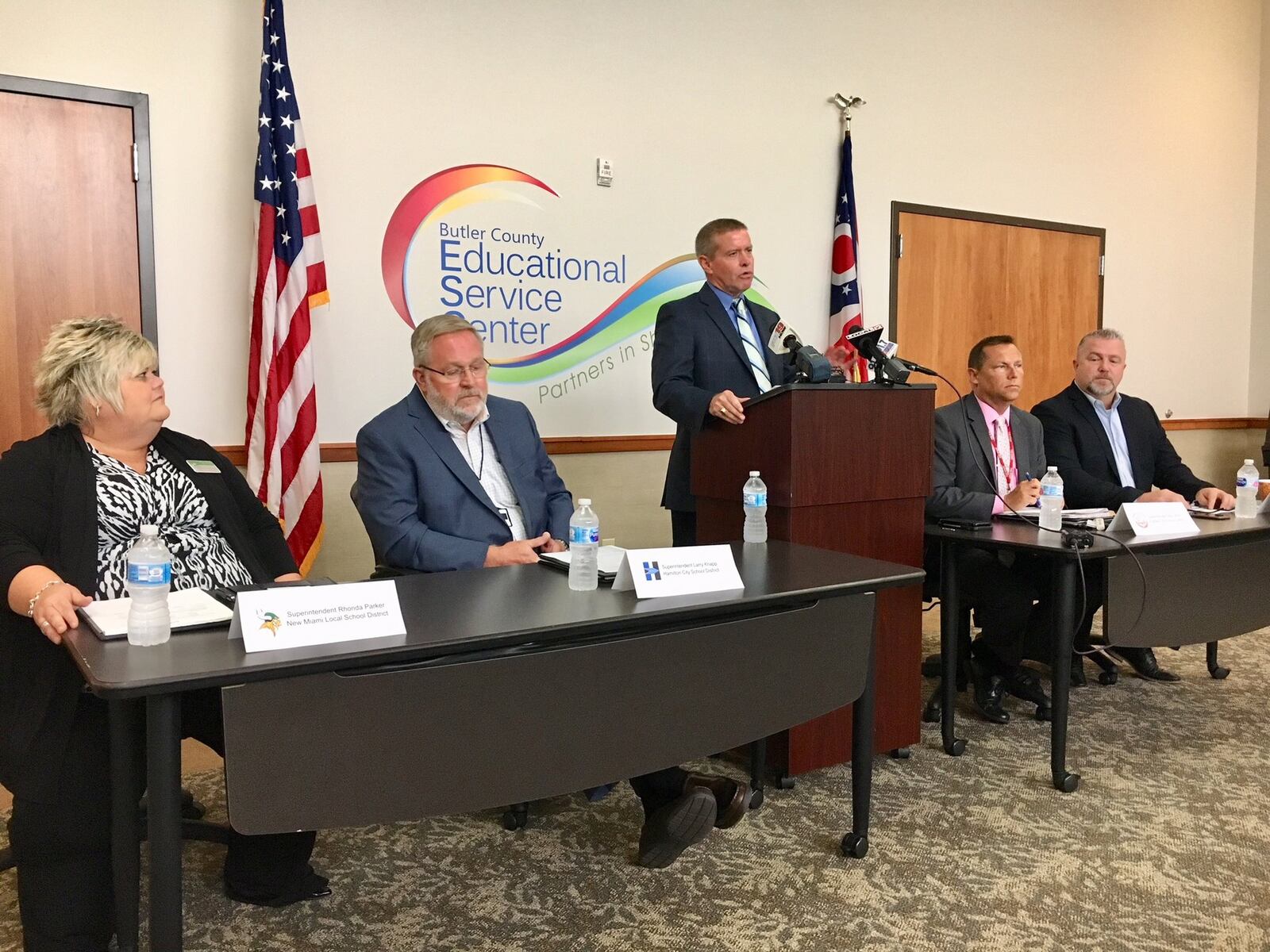 Chris Brown, superintendent of the Butler County Educational Services Center, starts the campaign pitch for a new type of local school security tax hike during a press conference Tuesday in Hamilton. The proposed tax on the November ballot n five school distrcts would pay for more mental health counselors for students as well as more armed guards. 