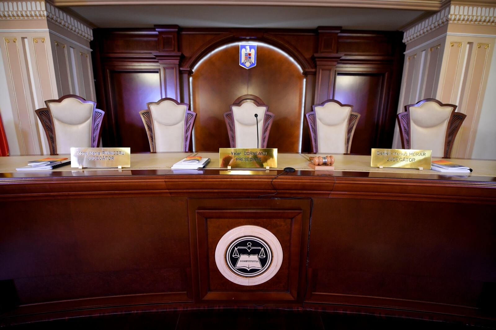 A gavel sits on the judges' table at the Constitutional Court in Bucharest, Romania, Thursday, Nov. 28, 2024. (AP Photo/Andreea Alexandru)