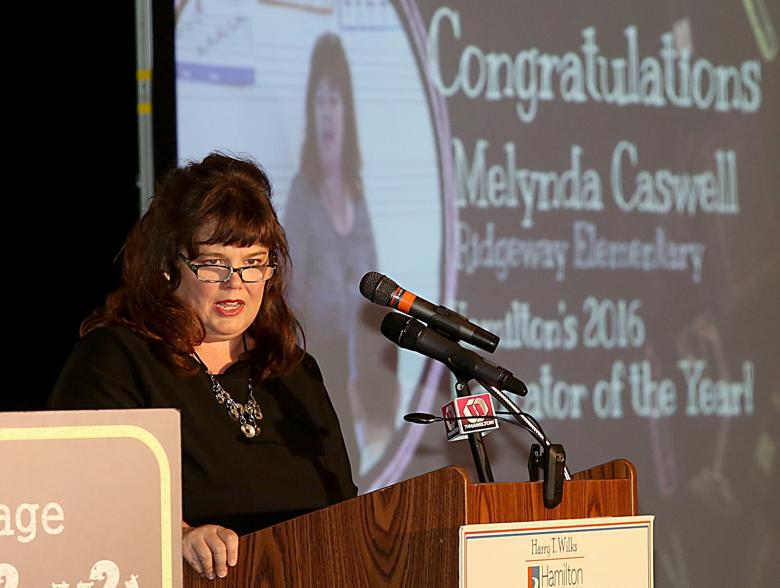 Melynda Caswell speaks after she was named the Educator of the Year during the annual awards ceremony at the Marriott Hotel in Hamilton Thursday, Oct. 20.