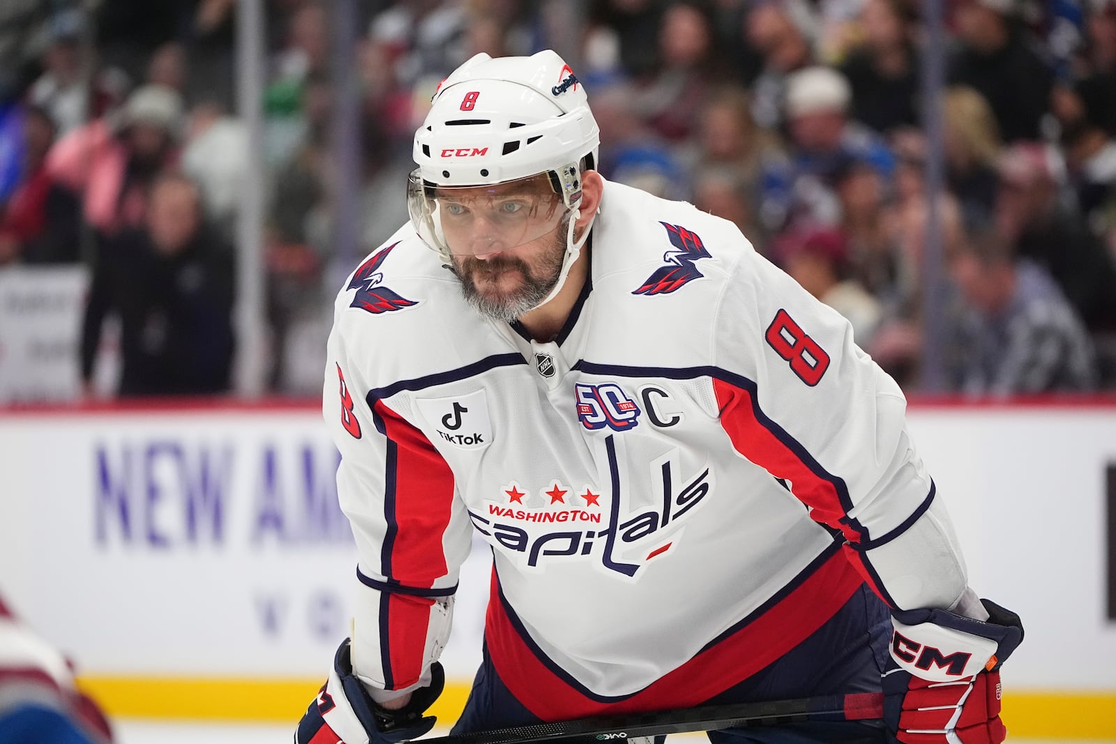 FILE - Washington Capitals left wing Alex Ovechkin (8) in the second period of an NHL hockey game Friday, Nov. 15, 2024, in Denver. (AP Photo/David Zalubowski, File)