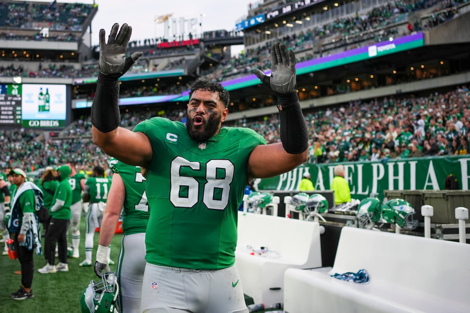 Philadelphia Eagles offensive tackle Jordan Mailata reacts on the sidelines during the second half of an NFL football game against the Dallas Cowboys, Sunday, Dec. 29, 2024, in Philadelphia. (AP Photo/Matt Slocum)