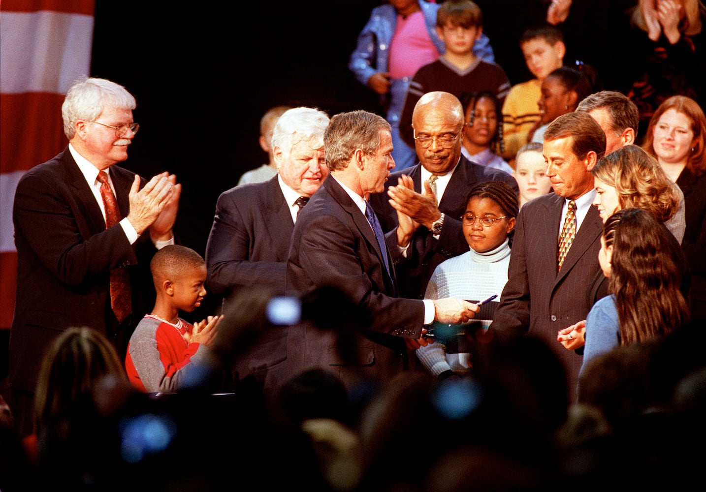 President George W. Bush signing No Child Left Behind Act at Hamilton High School Jan. 8, 2002.