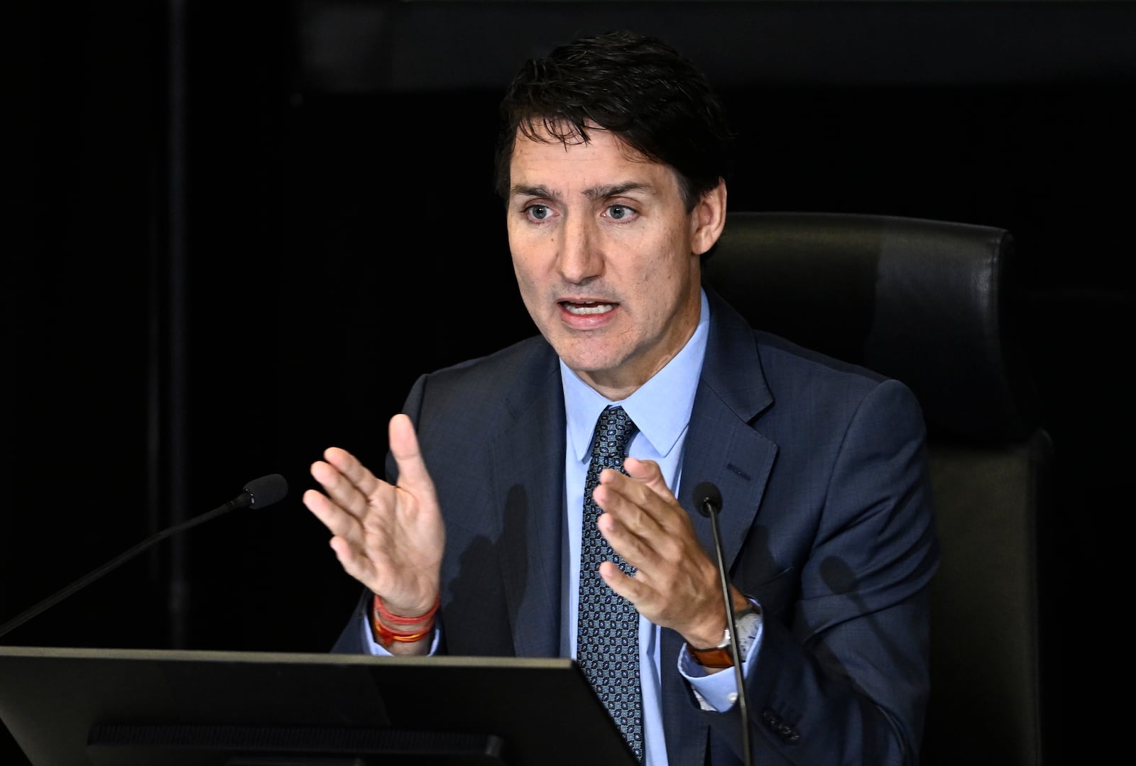 Prime Minister Justin Trudeau appears as a witness at the Foreign Interference Commission in Ottawa, in Ottawa, on Wednesday, Oct. 16, 2024. (Justin Tang/The Canadian Press via AP)