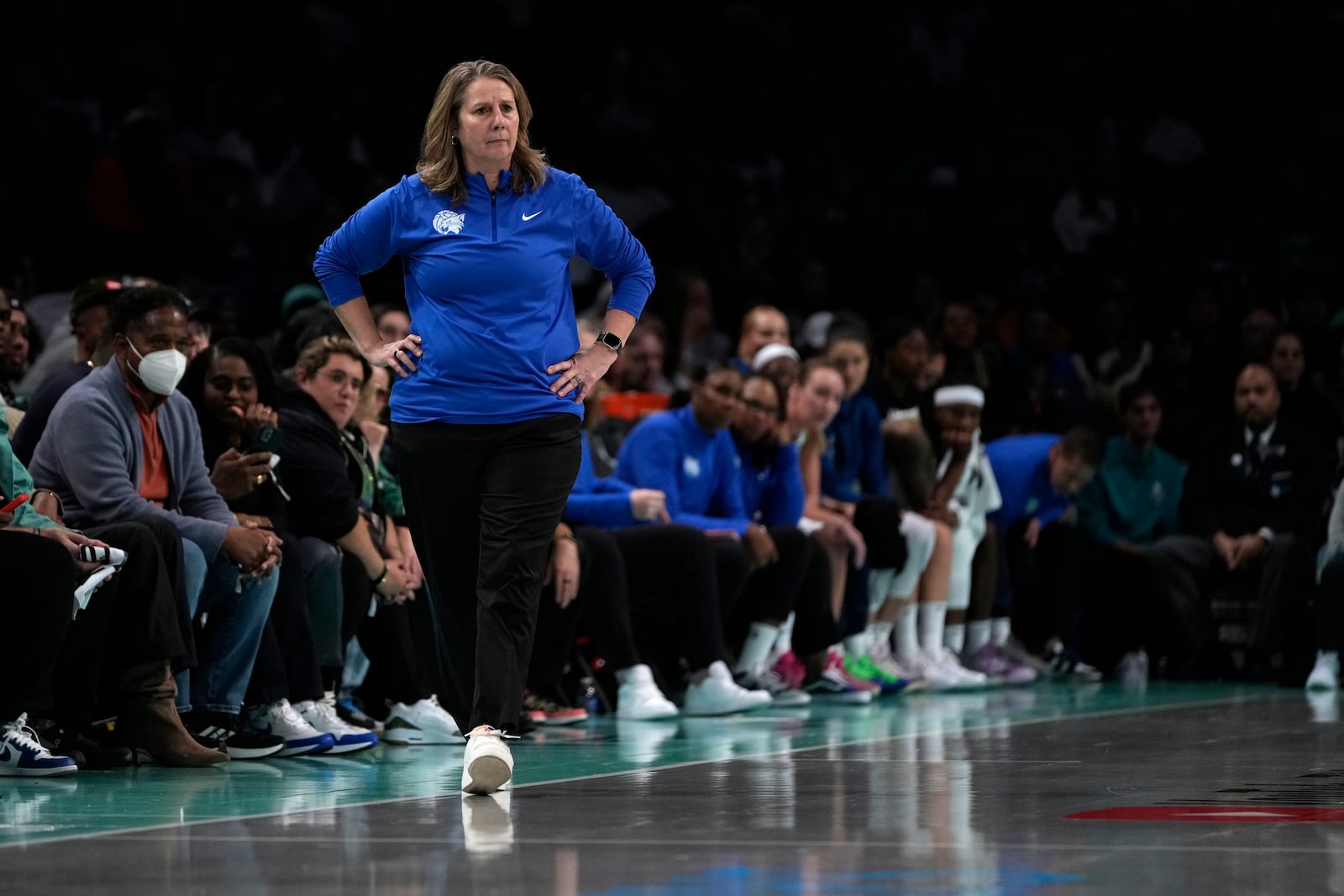 Minnesota Lynx head coach Cheryl Reeve stands on the court during the second half in Game 1 of a WNBA basketball final playoff series against the New York Liberty, Thursday, Oct. 10, 2024, in New York. (AP Photo/Pamela Smith)