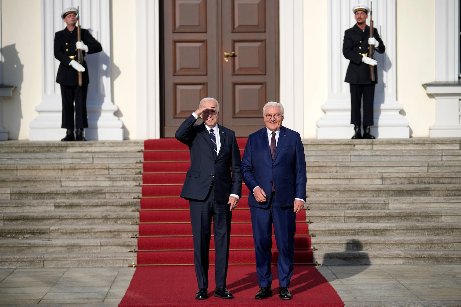 President Joe Biden is greeted by German President Frank-Walter Steinmeier during the welcoming ceremony at Bellevue Palace in Berlin, Germany, Friday, Oct. 18, 2024. (AP Photo/Ebrahim Noroozi)