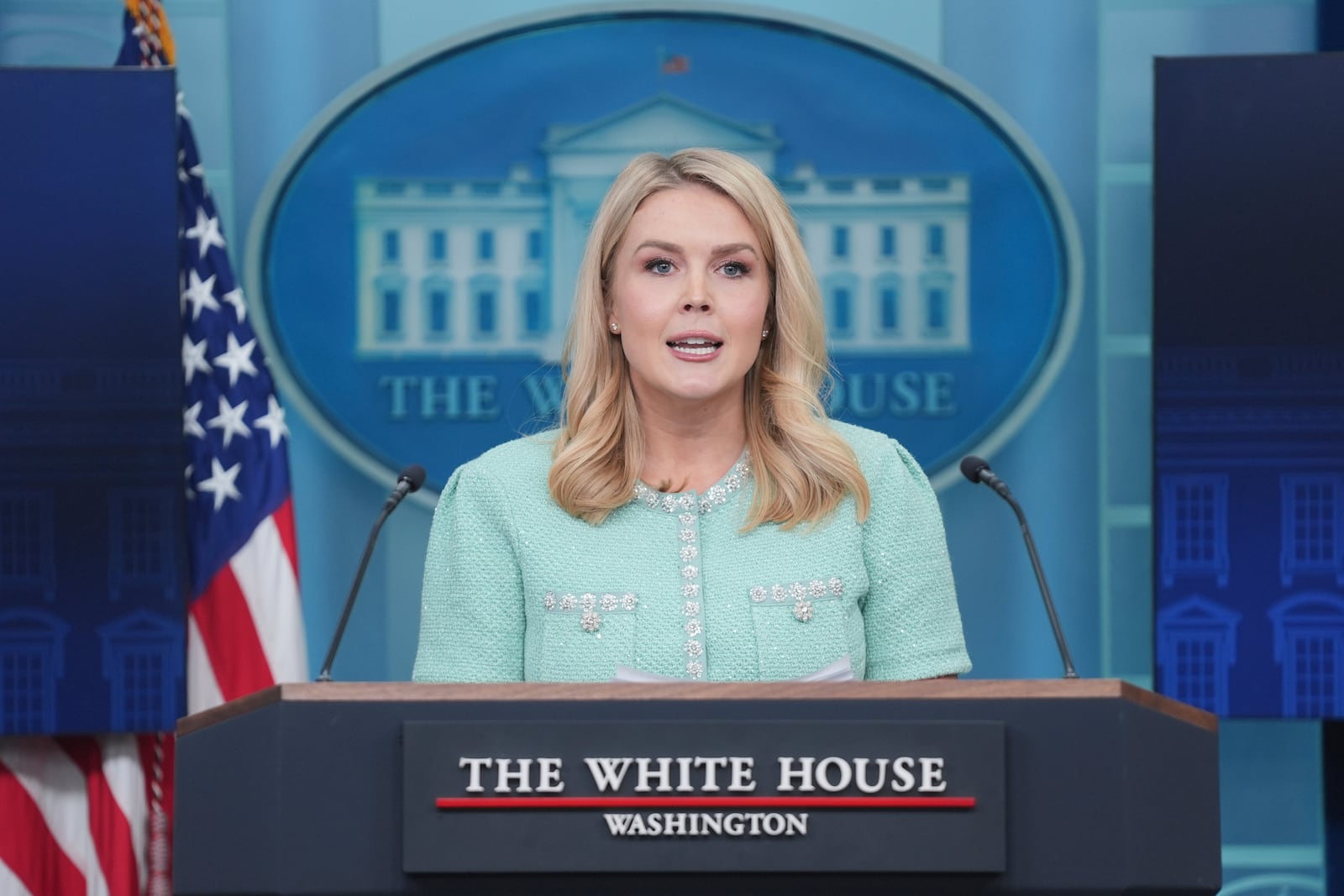 White House press secretary Karoline Leavitt speaks with reporters in the James Brady Press Briefing Room at the White House, Tuesday, March 11, 2025, in Washington. (AP Photo/Evan Vucci)