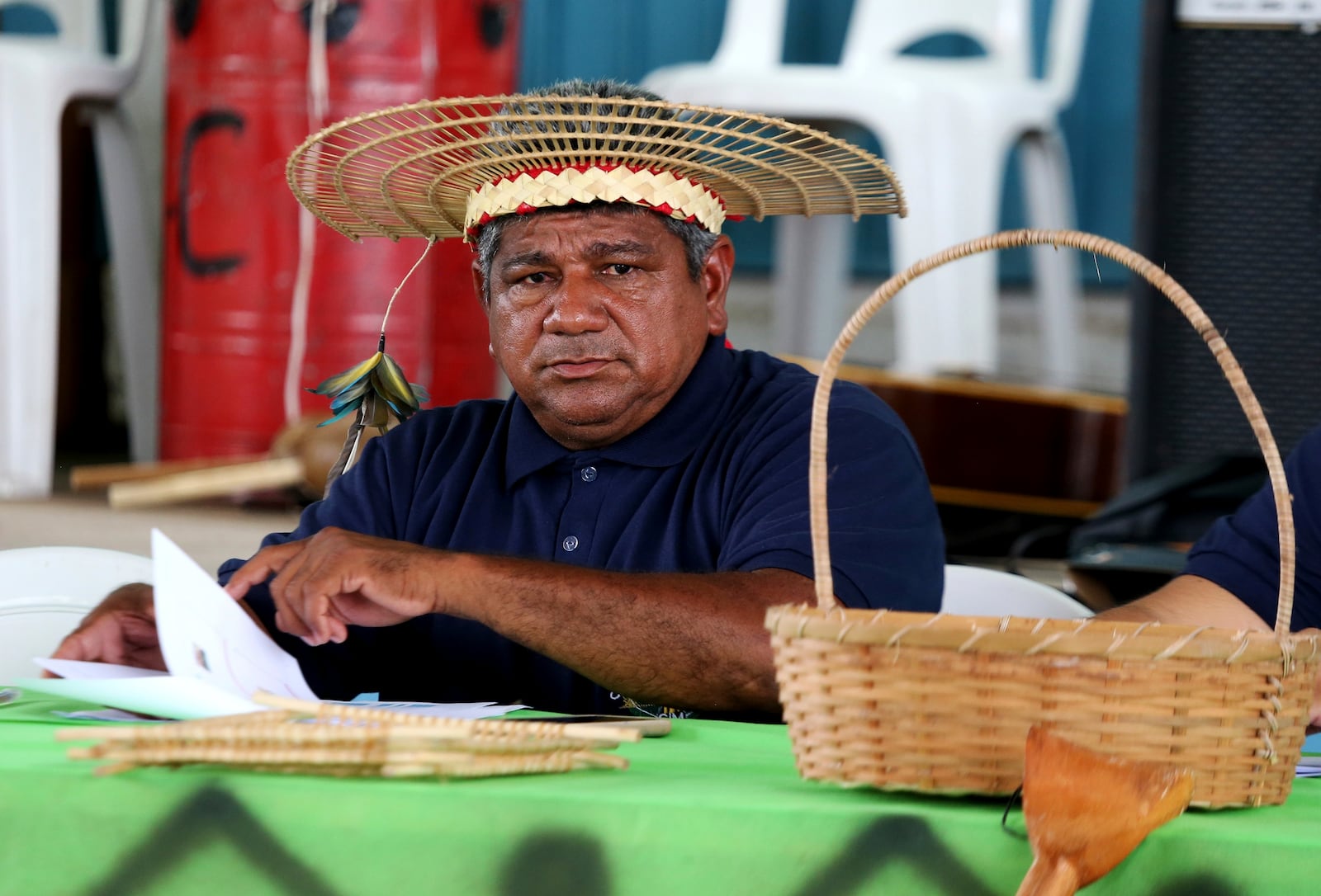 Aldinelson Moraes Pavao, a leader of the Mura Indigenous Council, attends an assembly with members of the Mura community, in Autazes, Amazonas state, Brazil, Wednesday, Feb. 19, 2025. (AP Photo/Edmar Barros)