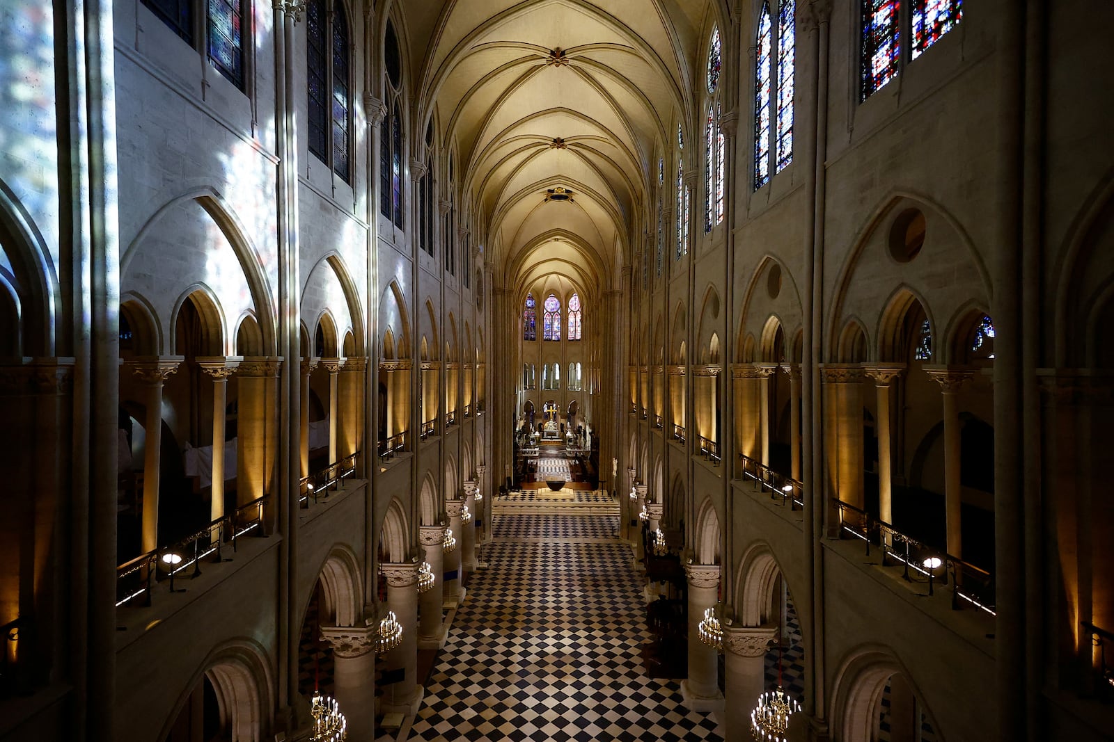 The nave of the Notre-Dame de Paris cathedral is seen while French President Emmanuel Macron visited the restored interiors of the monument, Friday, Nov. 29, 2024 in Paris. (Sarah Meyssonnier/Pool via AP)