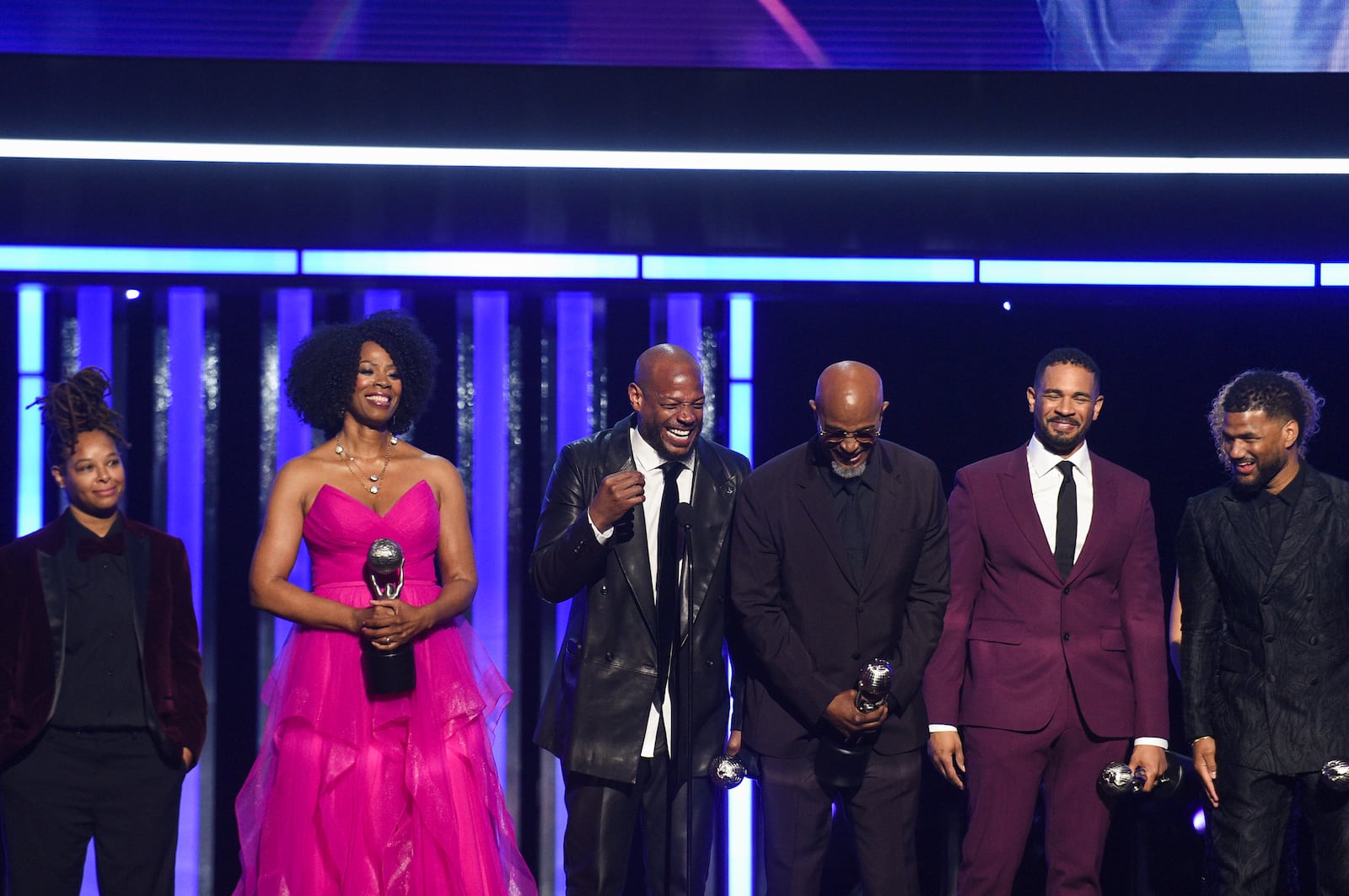 Chaunté Wayans, from left, Kim Wayans, Marlon Wayans, Damon Wayans Sr., Damon Wayans Jr., and Damien Dante Wayans are given the NAACP Hall of Fame award during the 56th NAACP Image Awards on Saturday, Feb. 22, 2025, in Pasadena, Calif. (Photo by Richard Shotwell/Invision/AP)