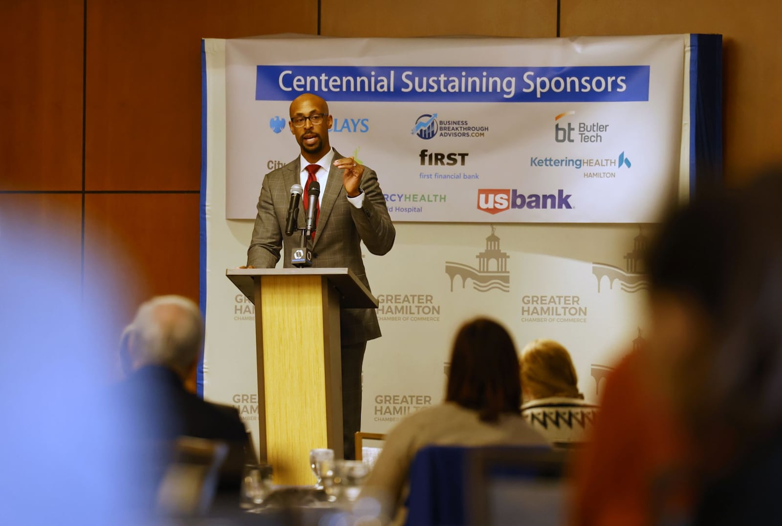 Miami Regionals Dean and Vice President Ande Durojaiye speaks during a state of the schools event Thursday, Feb. 24, 2022 at Courtyard by Marriott in Hamilton. School leaders from Badin, Hamilton, Butler Tech and Miami Regionals gathered to talk about local schools. NICK GRAHAM/STAFF