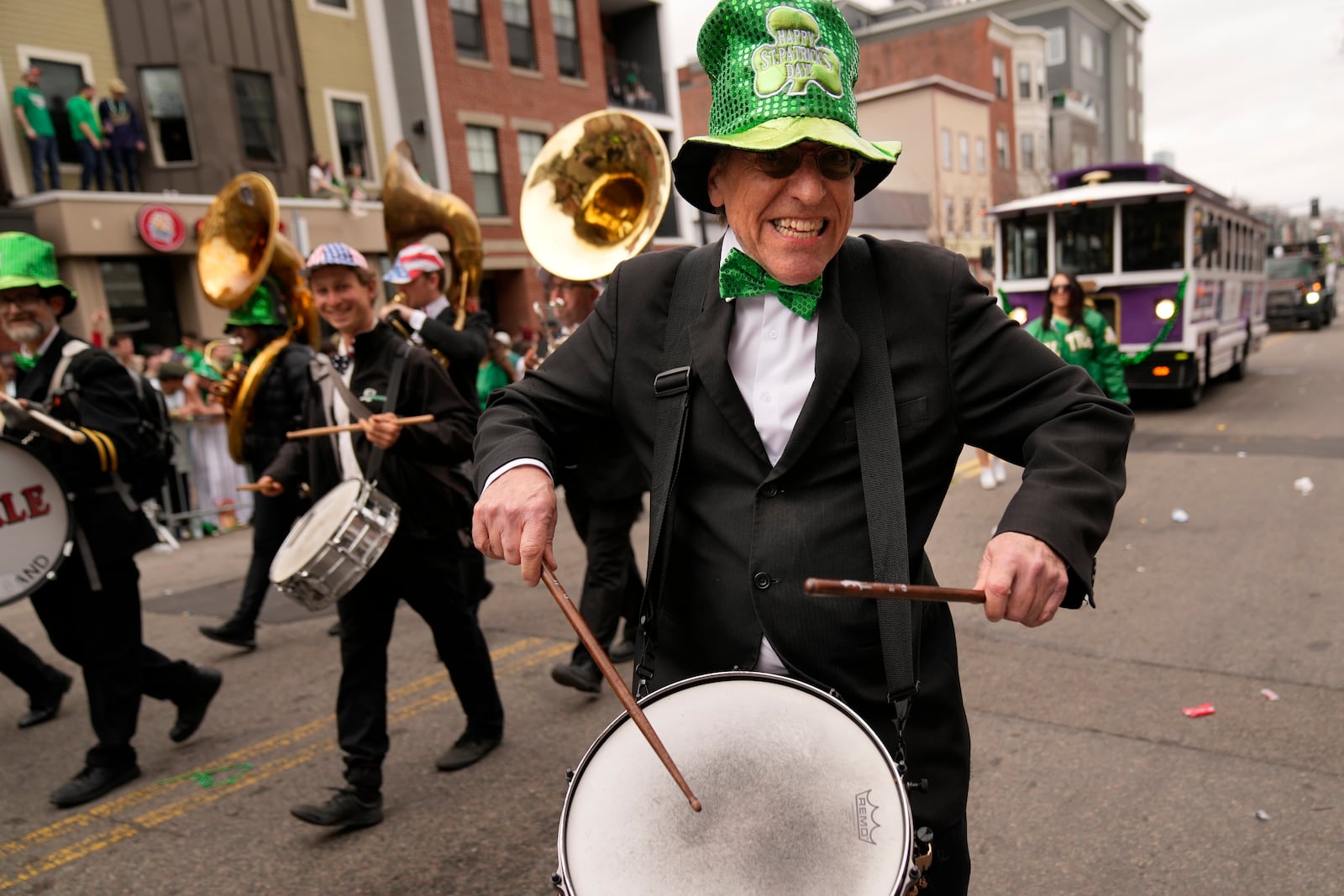 A drummer performs during the St. Patrick's Day parade, Sunday, March 16, 2025, in Boston, Mass. (AP Photo/Robert F. Bukaty)