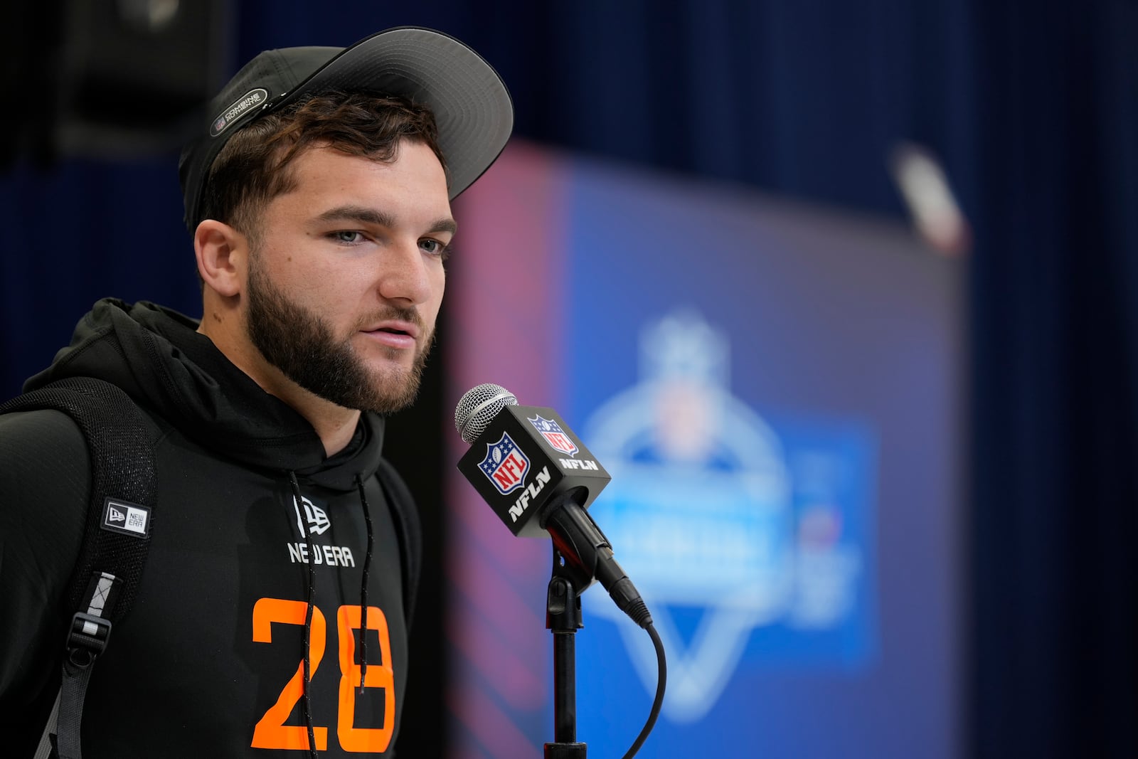 Arizona State running back Cam Skattebo speaks during a press conference at the NFL football scouting combine Friday, Feb. 28, 2025, in Indianapolis. (AP Photo/George Walker IV)