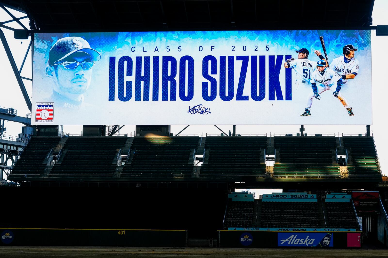 The outfield screen at T-Mobile Park displays a graphic for former Seattle Mariners right fielder Ichiro Suzuki following his election to the National Baseball Hall of Fame Tuesday, Jan. 21, 2025, in Seattle. (AP Photo/Lindsey Wasson)