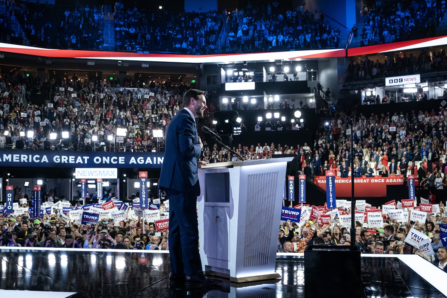 Sen. JD Vance (R-Ohio), former President Donald TrumpÕs choice for running mate, speaks on the third day of the Republican National Convention, at Fiserv Forum in Milwaukee, July 17, 2024. (Haiyun Jiang/The New York Times)