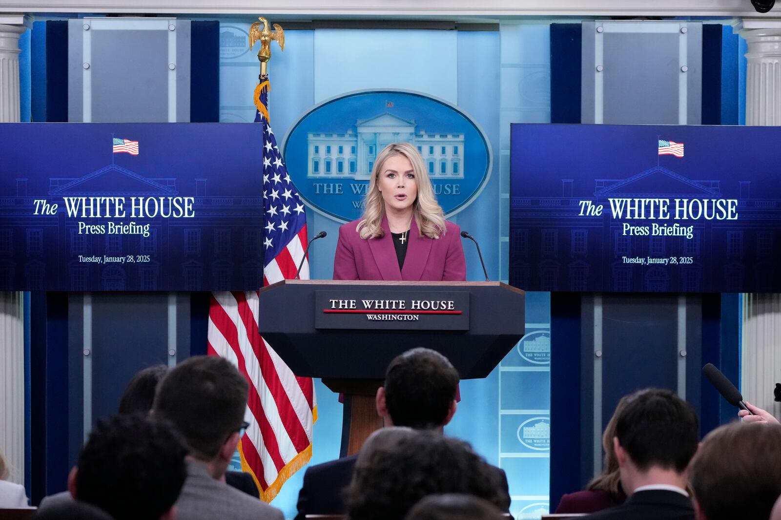 White House press secretary Karoline Leavitt speaks with reporters in the James Brady Press Briefing Room at the White House, Tuesday, Jan. 28, 2025, in Washington. (AP Photo/Alex Brandon)