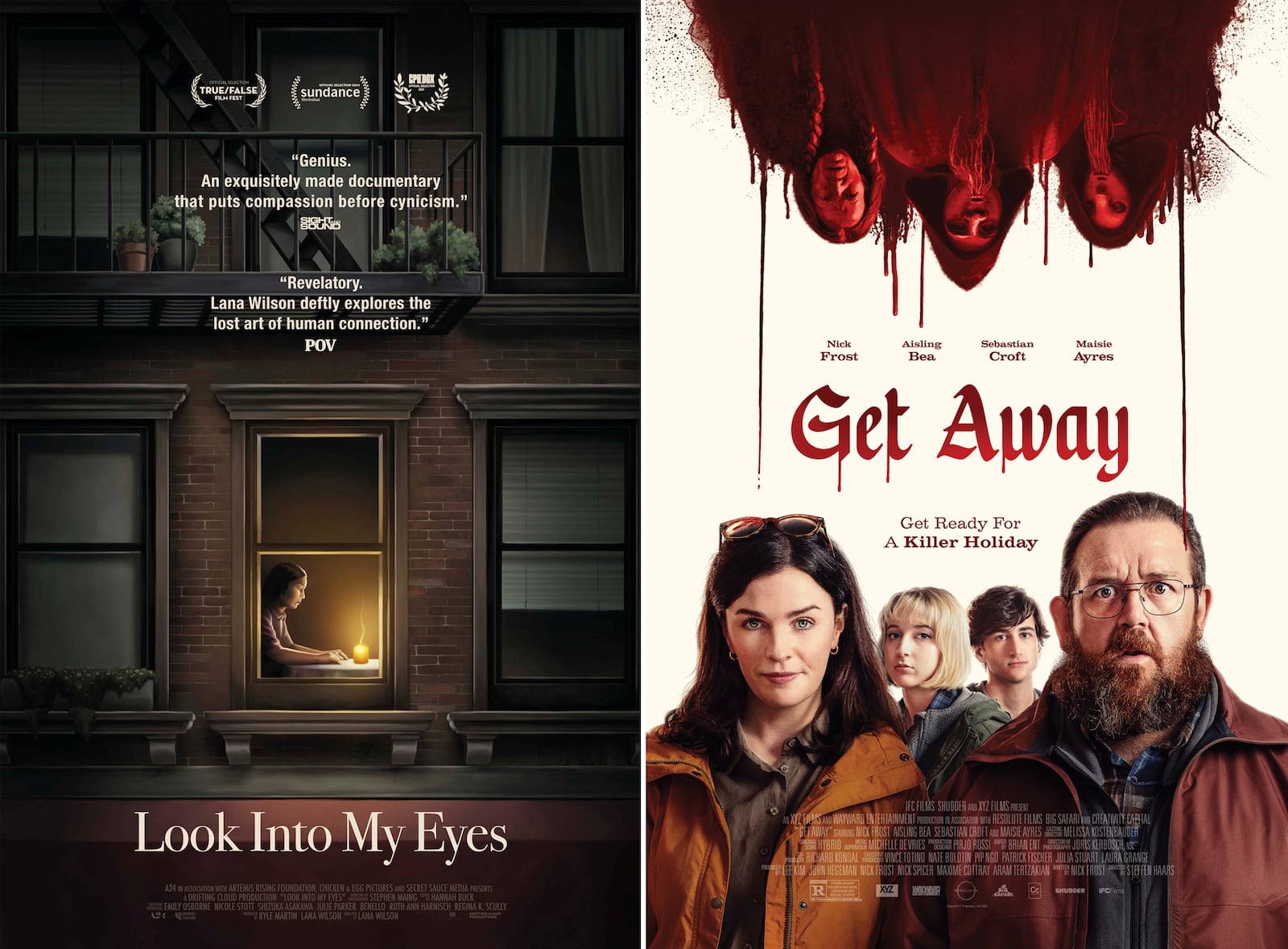 This combination of images shows promotional art for "Look Into My Eyes", left, and "Get Away". (Max/Shudder via AP)