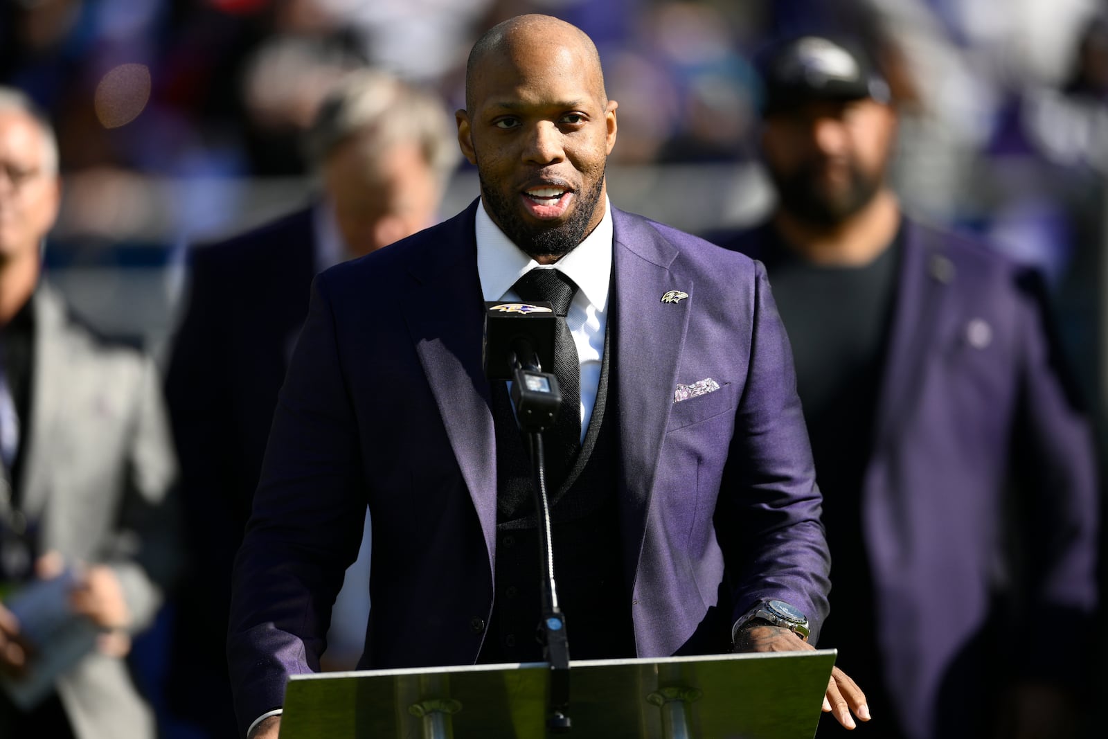 FILE - Former Baltimore Ravens outside linebacker Terrell Suggs speaks during his induction ceremony into the Ravens Ring of Honor during halftime of an NFL football game between the Baltimore Ravens and the Detroit Lions, Sunday, Oct. 22, 2023, in Baltimore. (AP Photo/Nick Wass, File)