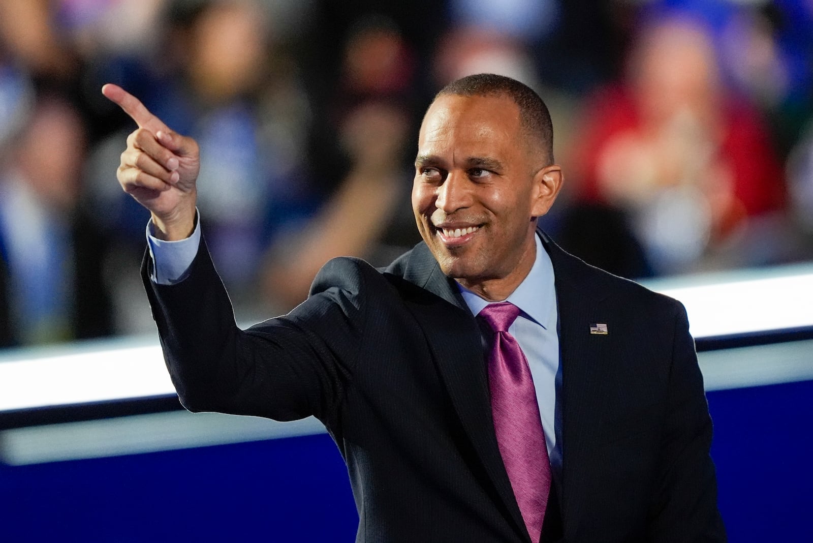 FILE - Rep. Hakeem Jeffries, D-NY, during the Democratic National Convention, Aug. 21, 2024, in Chicago. (AP Photo/Charles Rex Arbogast, File)