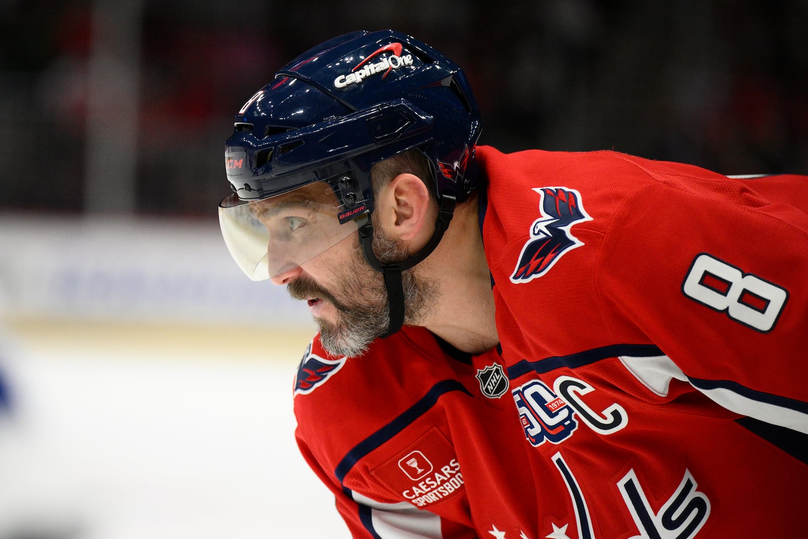 FILE - Washington Capitals left wing Alex Ovechkin looks on during the first period of an NHL hockey game against the Toronto Maple Leafs, Nov. 13, 2024, in Washington. (AP Photo/Nick Wass, File)