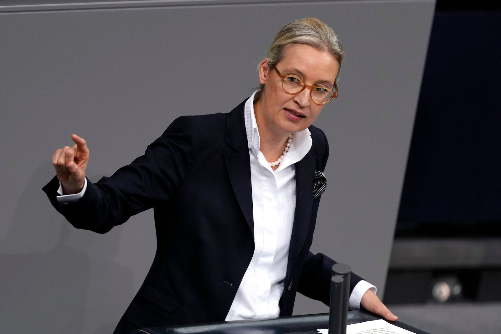 FILE - Leader of far right AfD Alice Weidel speaks during a plenary session at the German parliament Bundestag in Berlin, Germany, Dec. 16, 2024. (AP Photo/Markus Schreiber, File)