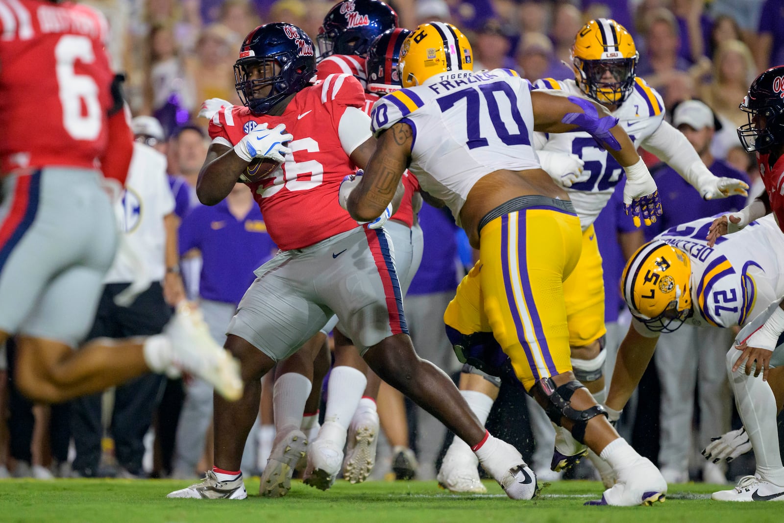 Mississippi defensive tackle Jamarious Brown (96) runs after an interception against LSU during the first half of an NCAA college football game in Baton Rouge, La., Saturday, Oct. 12, 2024. (AP Photo/Matthew Hinton)