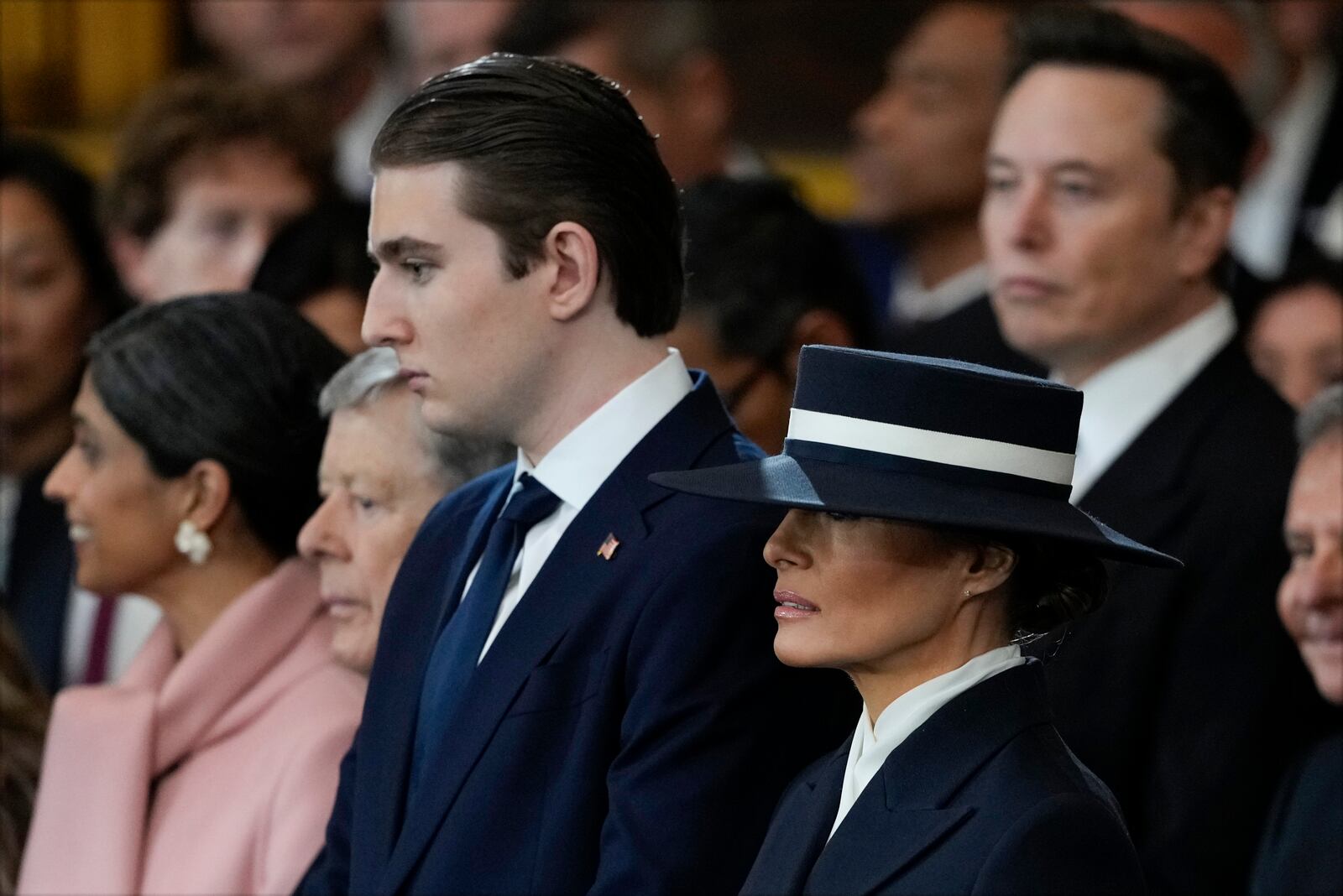 Barron Trump and Melania Trump arrive before the 60th Presidential Inauguration in the Rotunda of the U.S. Capitol in Washington, Monday, Jan. 20, 2025. (AP Photo/Julia Demaree Nikhinson, Pool)