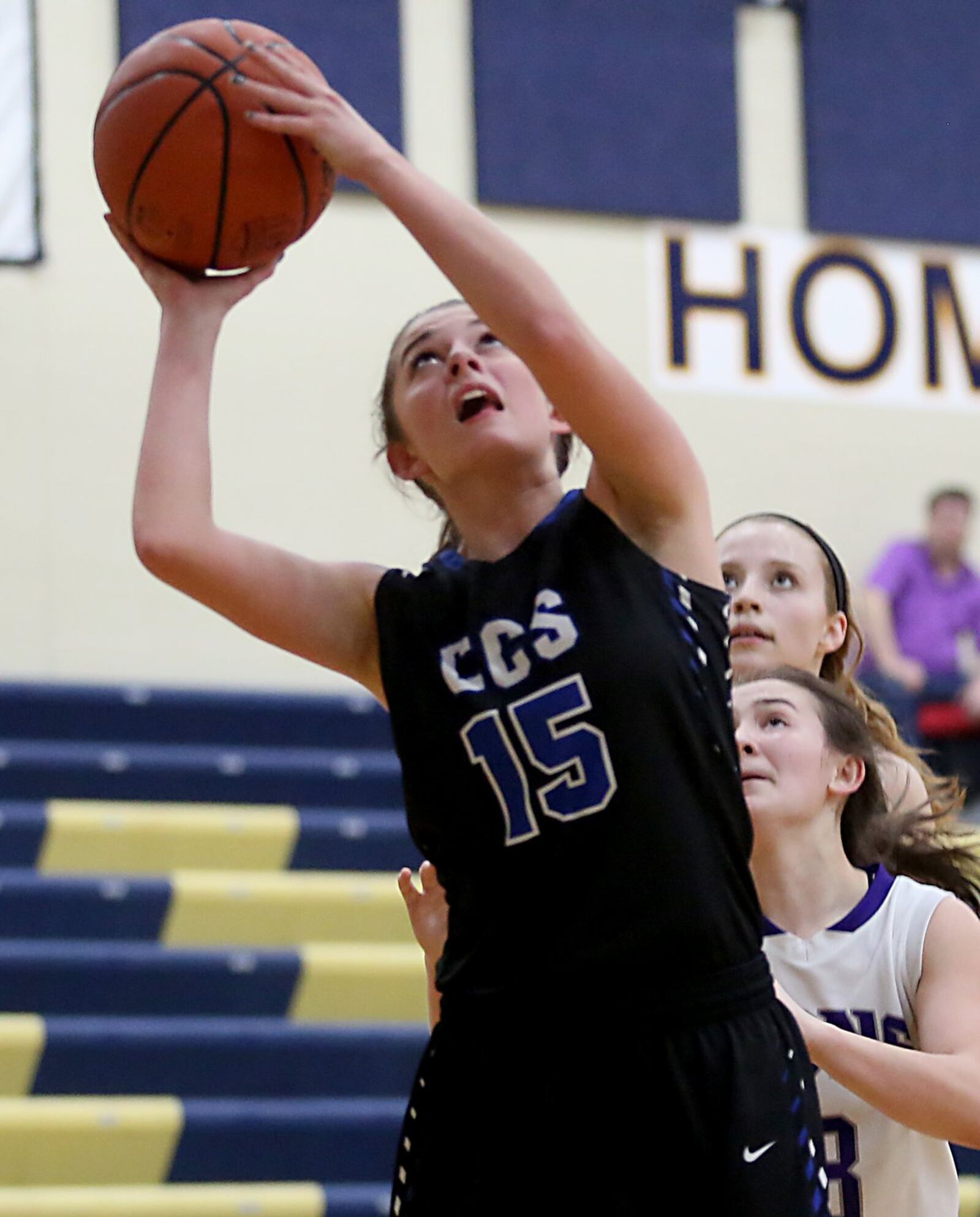 Cincinnati Christian guard Kylee Miller goes up for two points against Miami Valley Christian Academy in a Division IV sectional game at Monroe on Tuesday night. CONTRIBUTED PHOTO BY E.L. HUBBARD